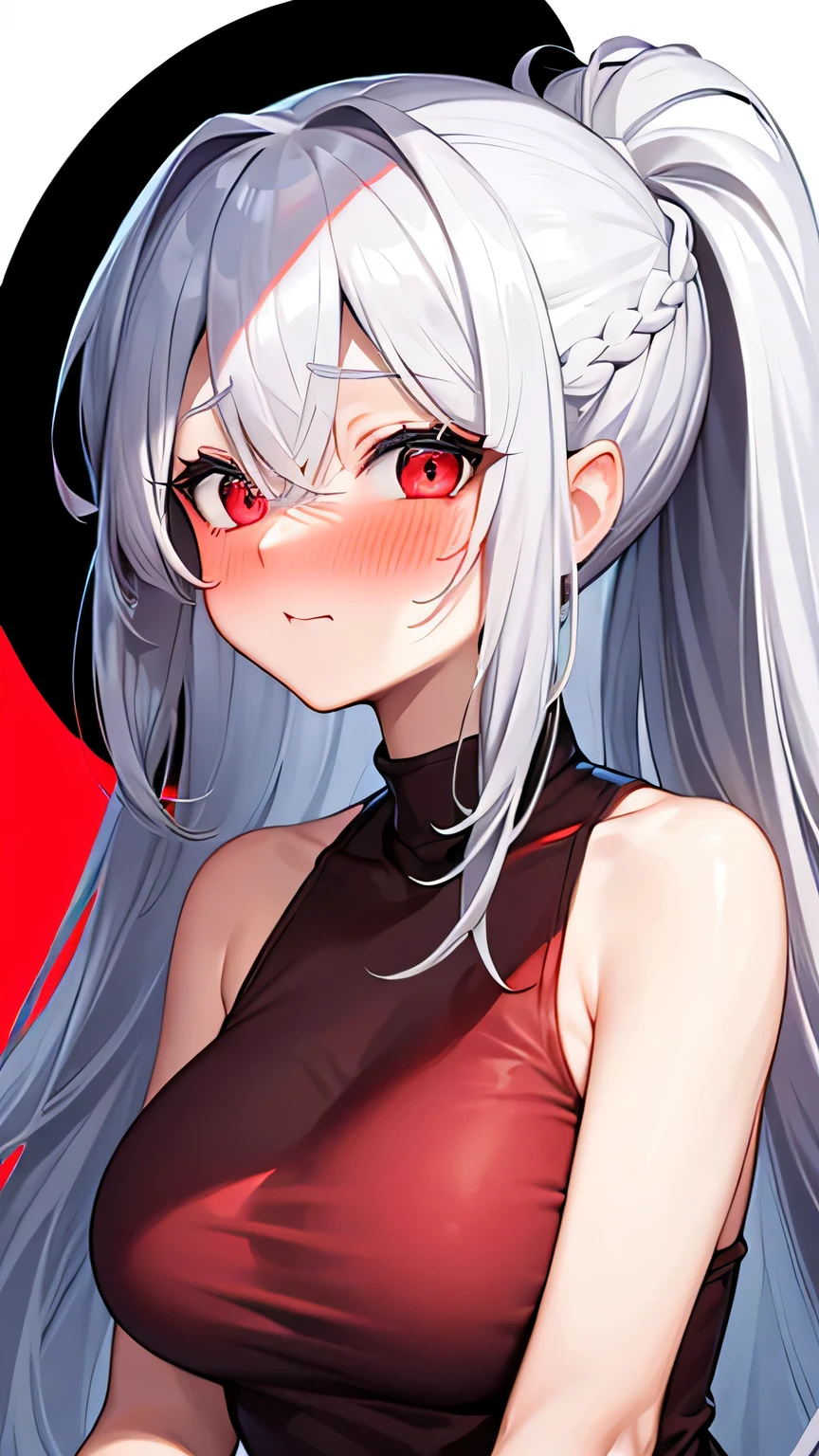 Girl, silver hair, ponytail long hair, red eyes, cute girl,braid hair, white background, t-shirt, big breast, detail face, ahegao face, Two fingers