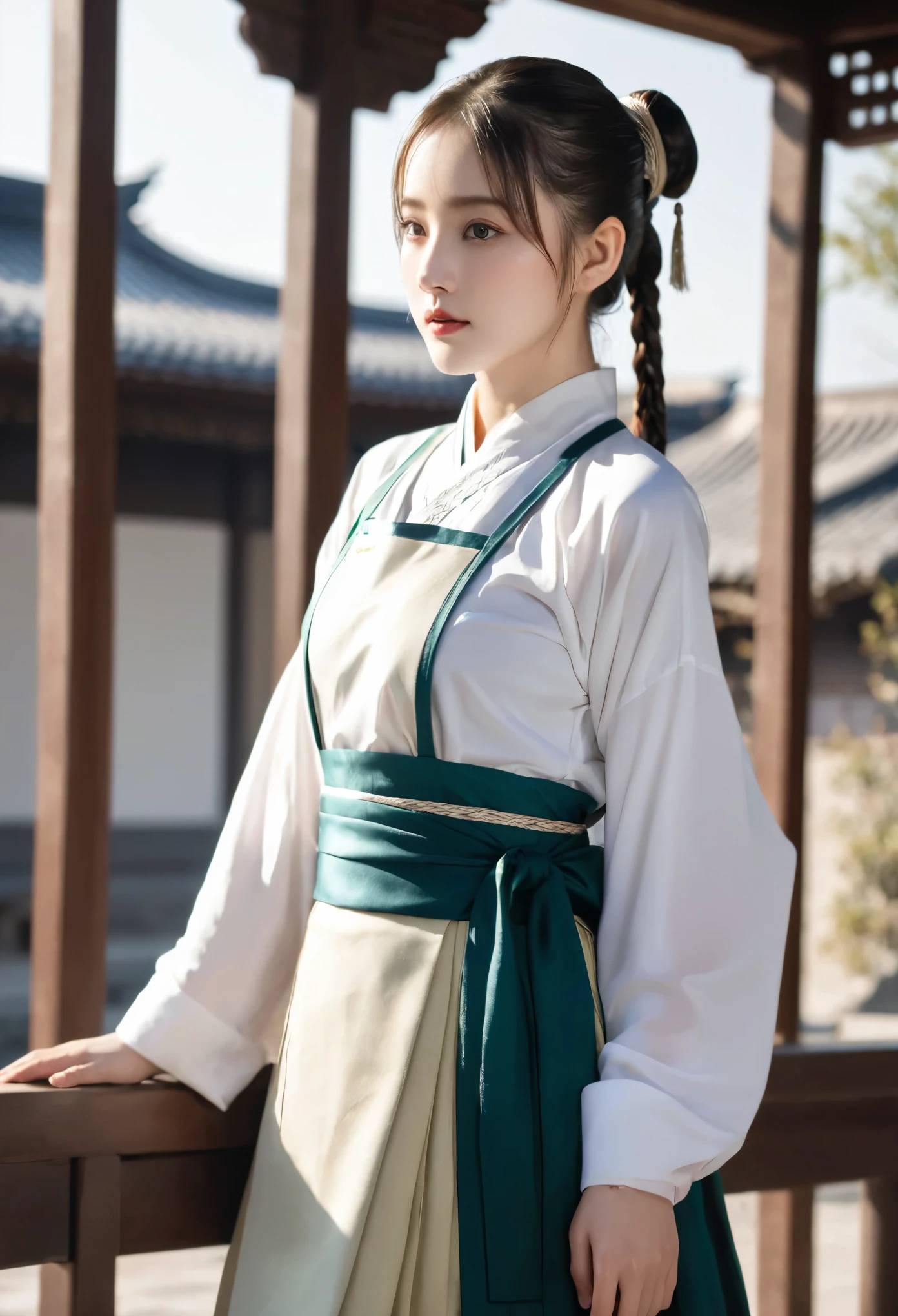 1 girl,leg,a girl at architecture,(((architecture))), braid bangs,Braided ponytail,(alone:1.2),apron,大leg粗,Side ties, Baldness, ,looking at the audience, Sunlight,hanfu,