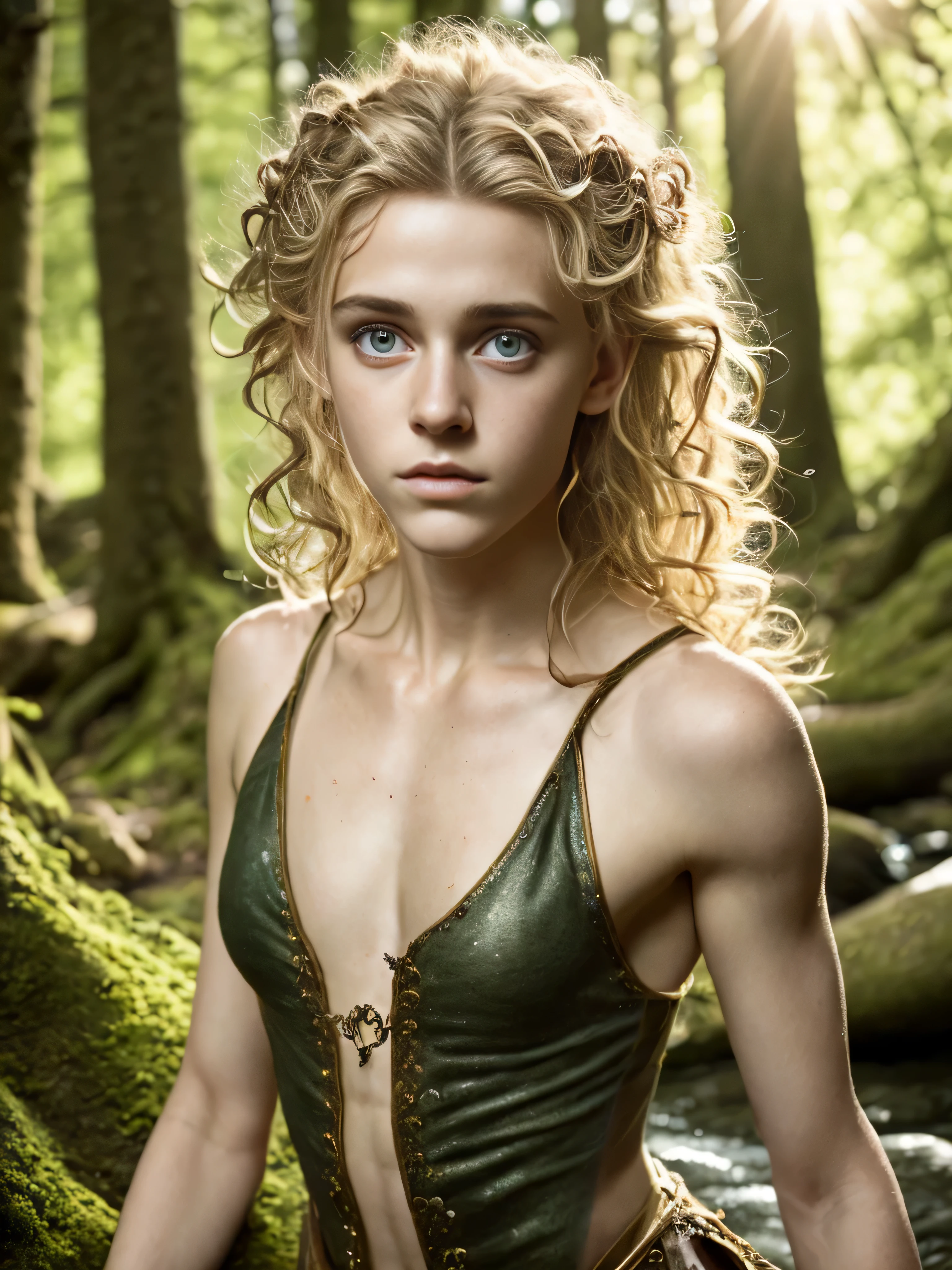 (Realistic:1.4), 18 years old elf archer in the forest, pale curly disheveled hair, delicate features of a thin face, cute sexy, Fantasy style , 8K, proffesional photography, Hi-Def, lifelike skin, Without cosmetics, Incredibly fair skin, background of the Middle Ages, Rocky Creek, The sun shines its rays through the treetops, bokeh