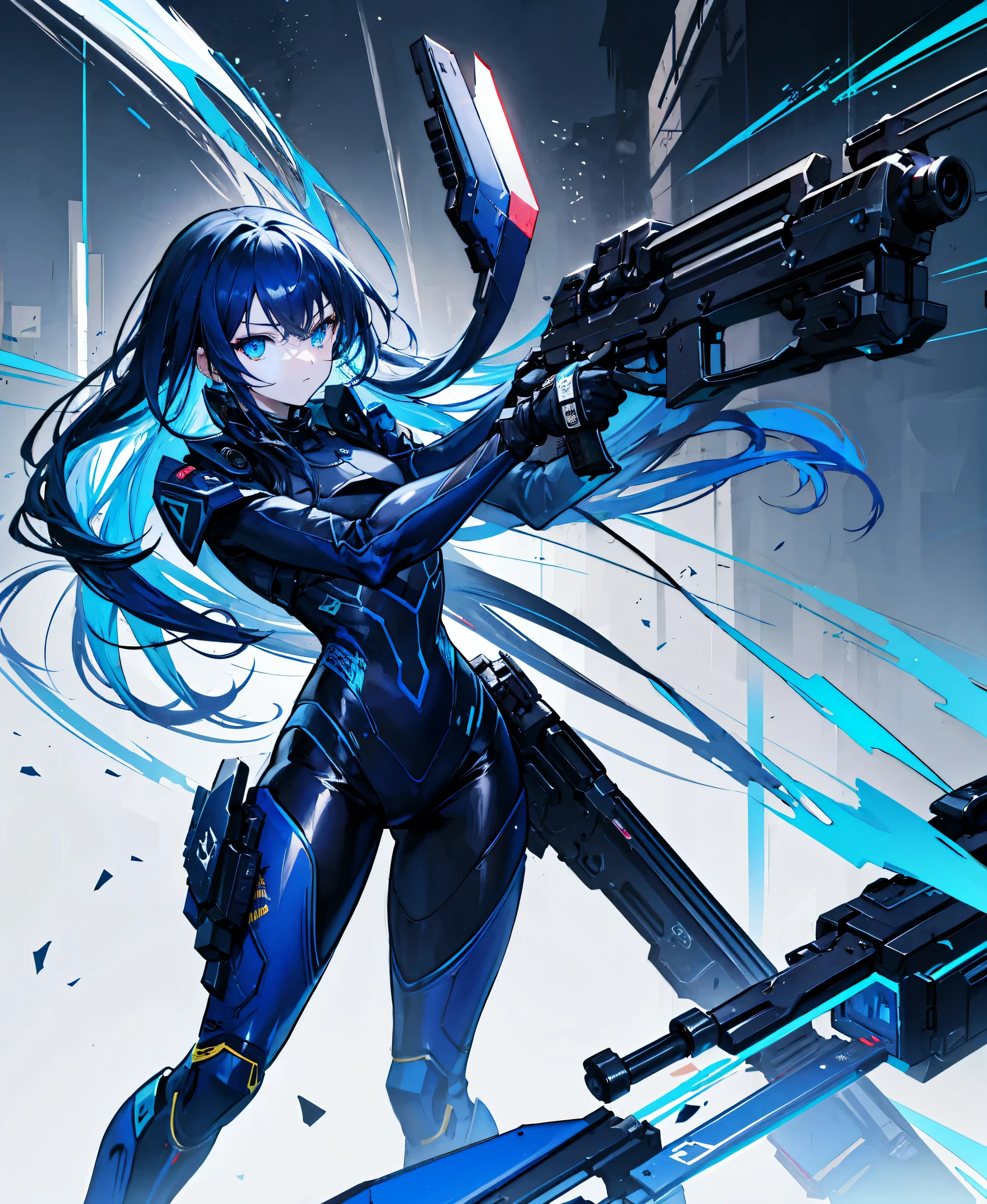 no background,girl,carry a firearm,Enamel style tight suit,use of firearms,dark blue long hair,attention arousal,blue colored eyes,no gradation