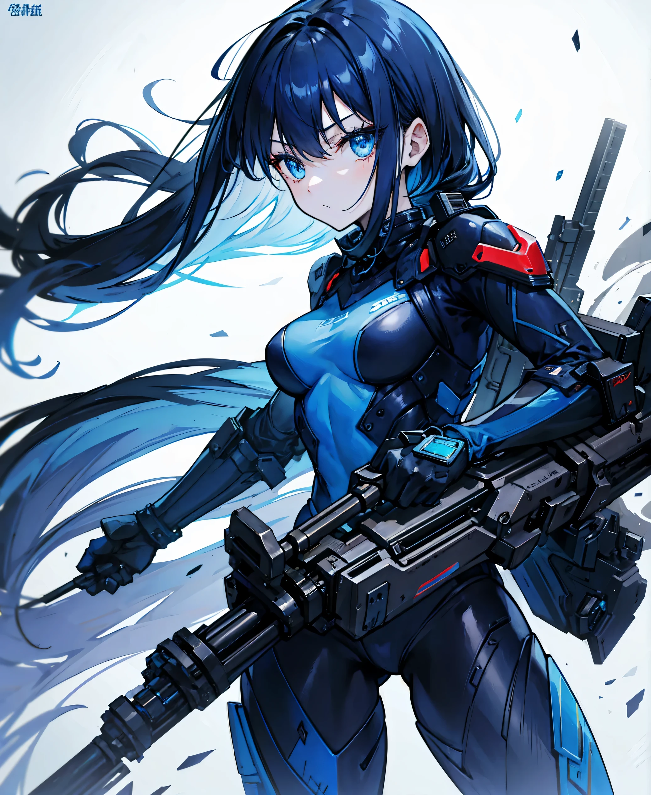 no background,girl,carry a firearm,Enamel style tight suit,use of firearms,dark blue long hair,attention arousal,blue colored eyes,no gradation