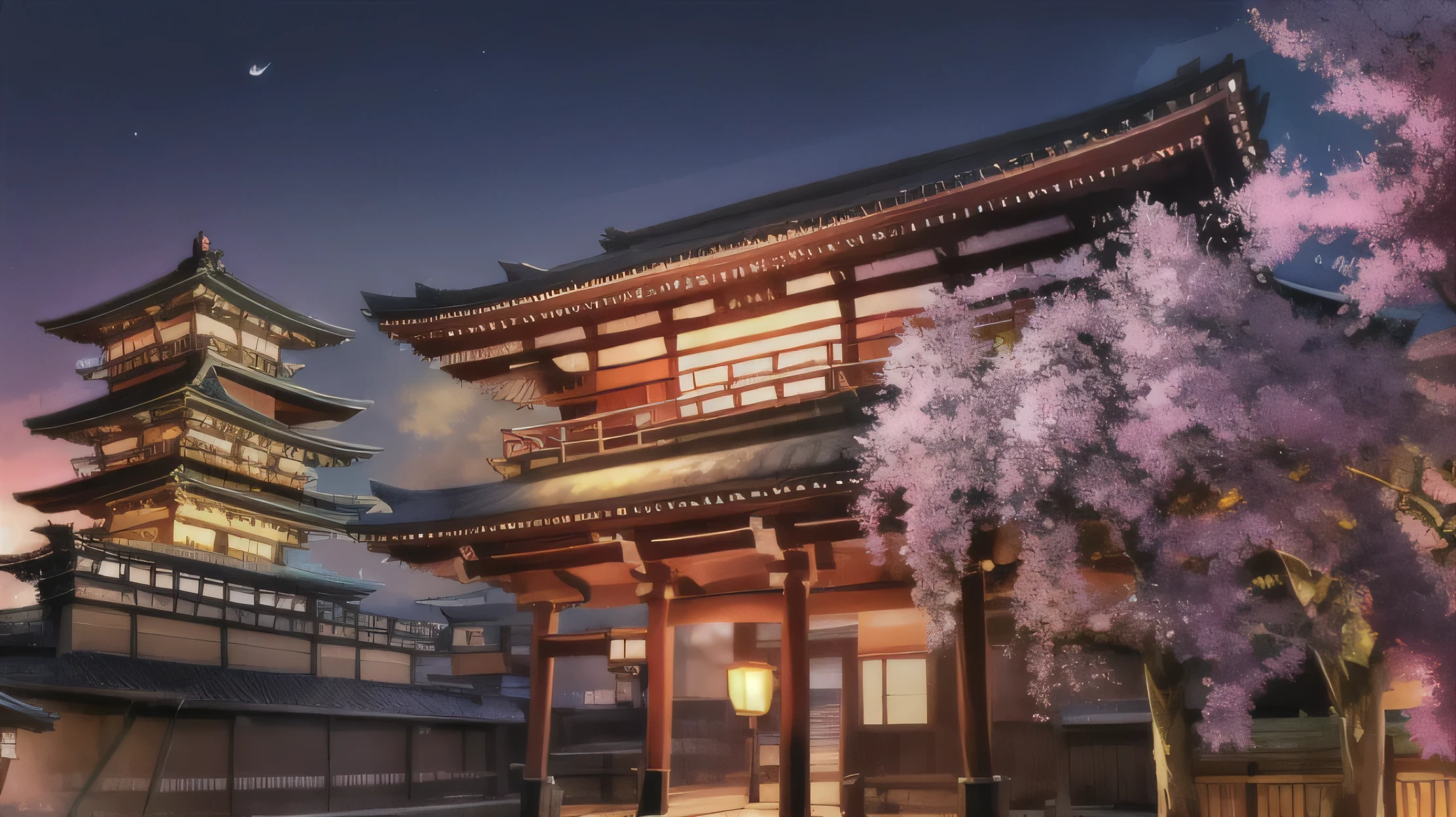 A large building with a tall tower and a tree in front of it, japanese temples, Japan at night, in Tokyo at night, Dynamic lighting takes place during the cherry blossom season, Tokyo japan, japanese temple, Night City of Japan, Aesthetics of traveling to Japan, Japan tourism, ancient japanese architecture, Japanese travel and tourism, Japan at nightの街で, Tokyo at night, Tokyo
