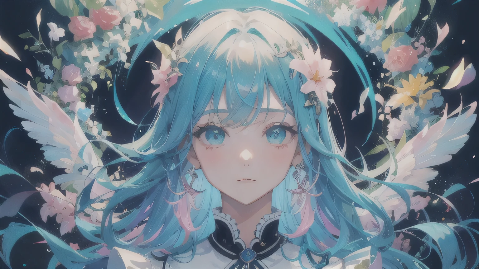 (masterpiece), (best quality), (super detailed), (disheveled hair), (illustration), (1 girl), (fashionable clothes), standing, fashion model, watch the viewer, (interview), (brief background), beautiful detailed eyes, delicate beautiful face, floating, (high saturation), (colorful splash), colorful bubbles, (shining), focus on face, kamisato ayaka, Turquoise color hair, bangs, hair rings, floating flowers, floating hair. Girls, anime wives, viewers watch, highly detailed, reflective transparent iridescent colors, long transparent iridescent RGB hair, art station art bee ssela fleur, thick acrylic, pixiv illustration, waist up portrait, gorgeous sacred girl, top quality, super detailed, sad, smart, beautiful face, beautiful Ryton black background, Character stvle rendered by Octane,
