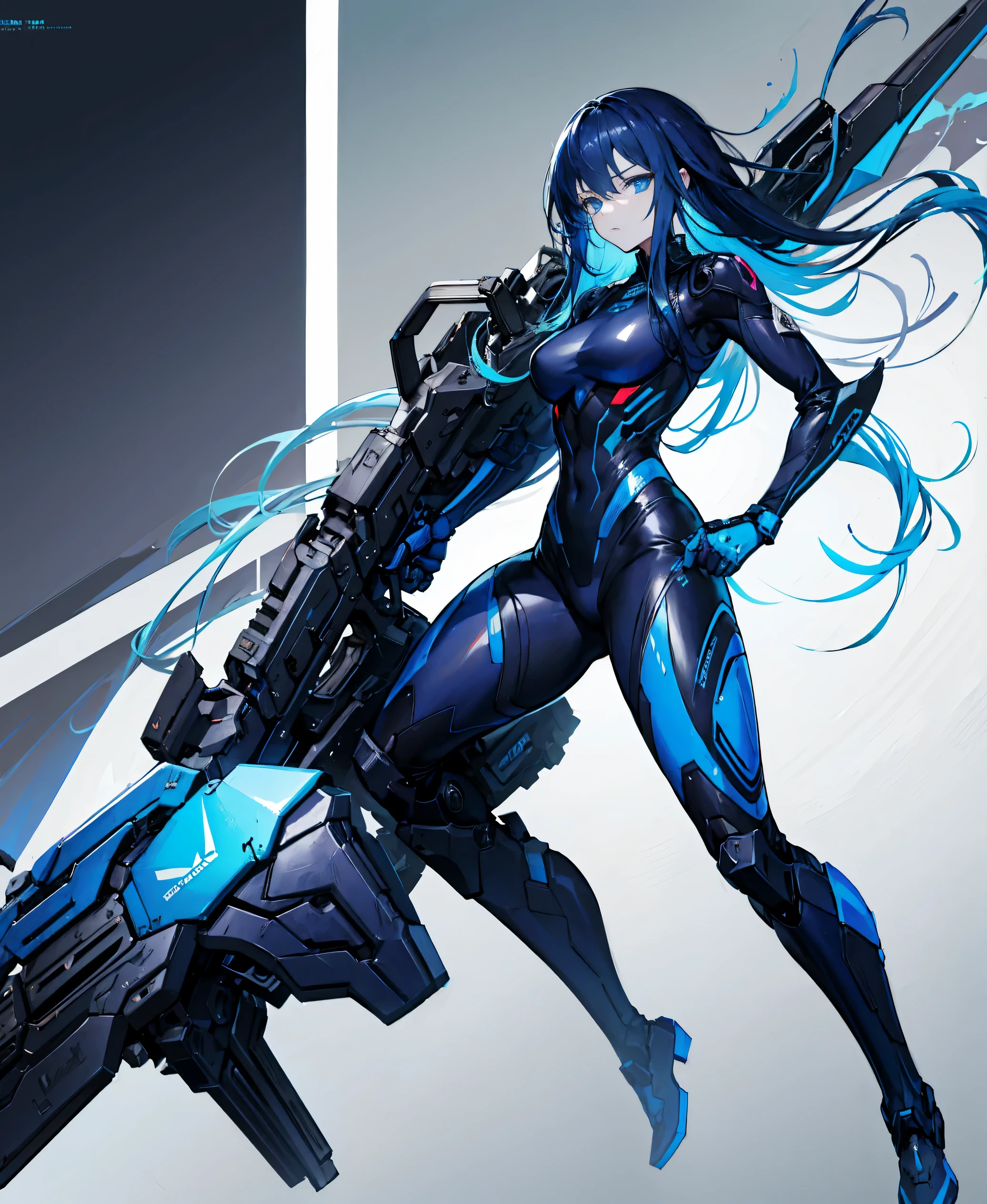 no background,girl,carry a firearm,Enamel style tight suit,use of firearms,dark blue long hair,attention arousal,blue colored eyes,no gradation