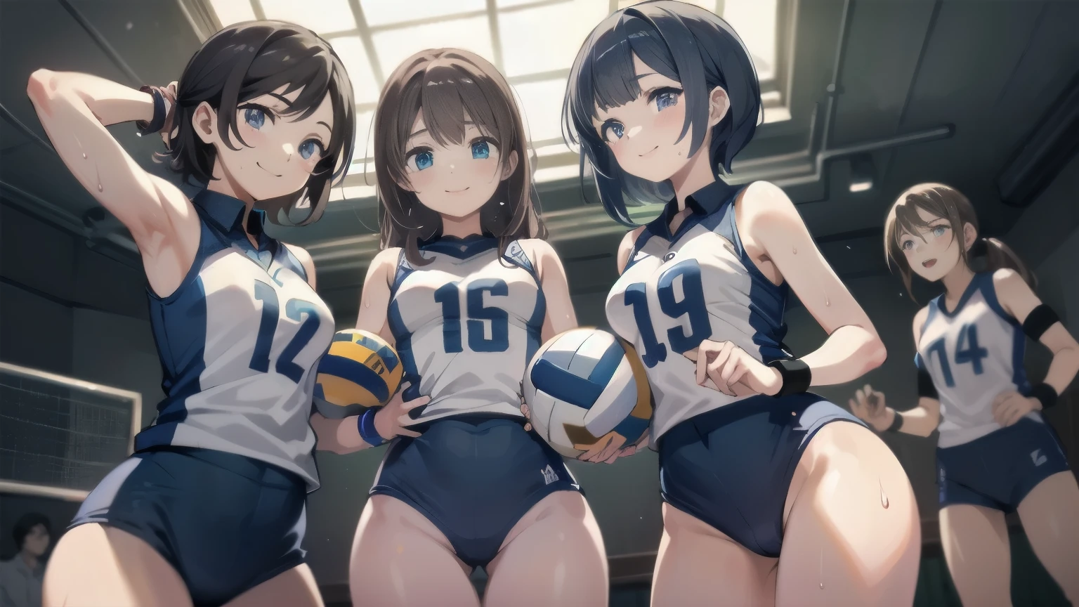 unity 8k wallpaper, anatomically correct, (((masterpiece))), (((best quality))), (((ultra detailed))), (((high-resolution))), ((super fine illustration)), ((Ultimate cutie)), ((detailed beautiful face)), perfect hands, perfect finger, (((good anatomy))), BREAK, multiple girls, lovingly gaze, harem, group picture, , (potbelly), (Curve), medium breasts, ((thick thighs)), Shiny hair, (((coquettish smile))), (((blush))), BREAK, Adidas, Sleeveless collared Volleyball Uniforms, ((wristbands)), BREAK, (Hold the beautiful spherical 6-inch volleyball), ((Sweat)), (perspired), (Heavy breathing), in gymnasium, in volleyball court, depth of field, strong light, cowboy shot,,