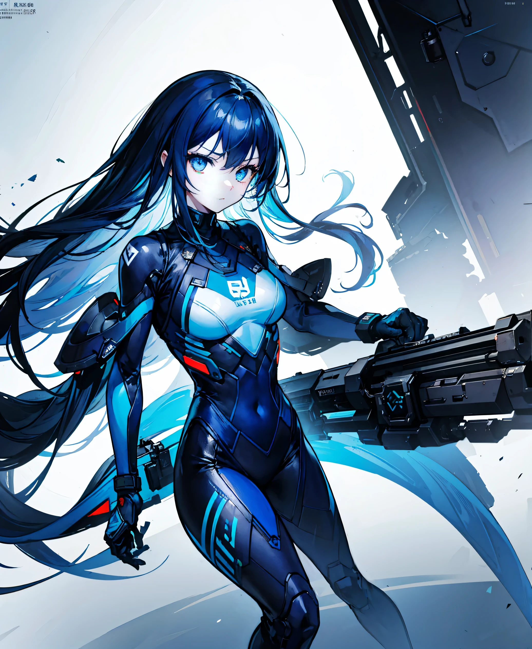 no background,girl,carry a firearm,Enamel style tight suit,use of firearms,dark blue long hair,attention arousal,blue colored eyes,no gradation