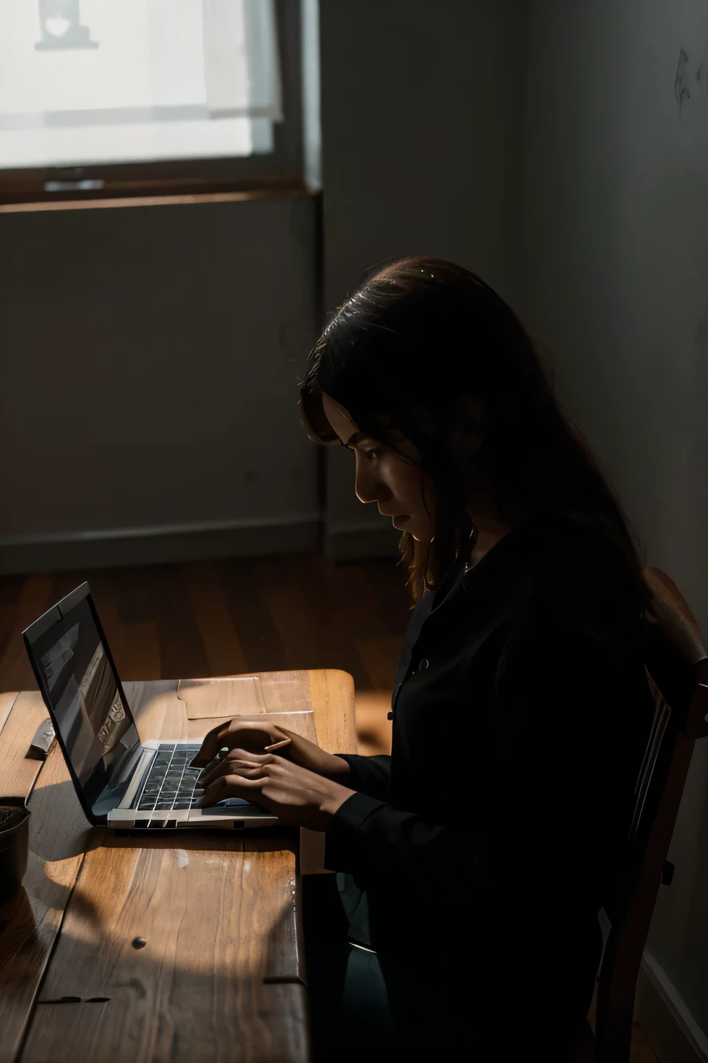 imagem ultra-detalhada de uma mulher acordada, sentado em uma mesa, usando seu laptop, Behind her, uma sombra maligna espreitando no canto da sala, fotografia de filme de terror (obra de arte)
