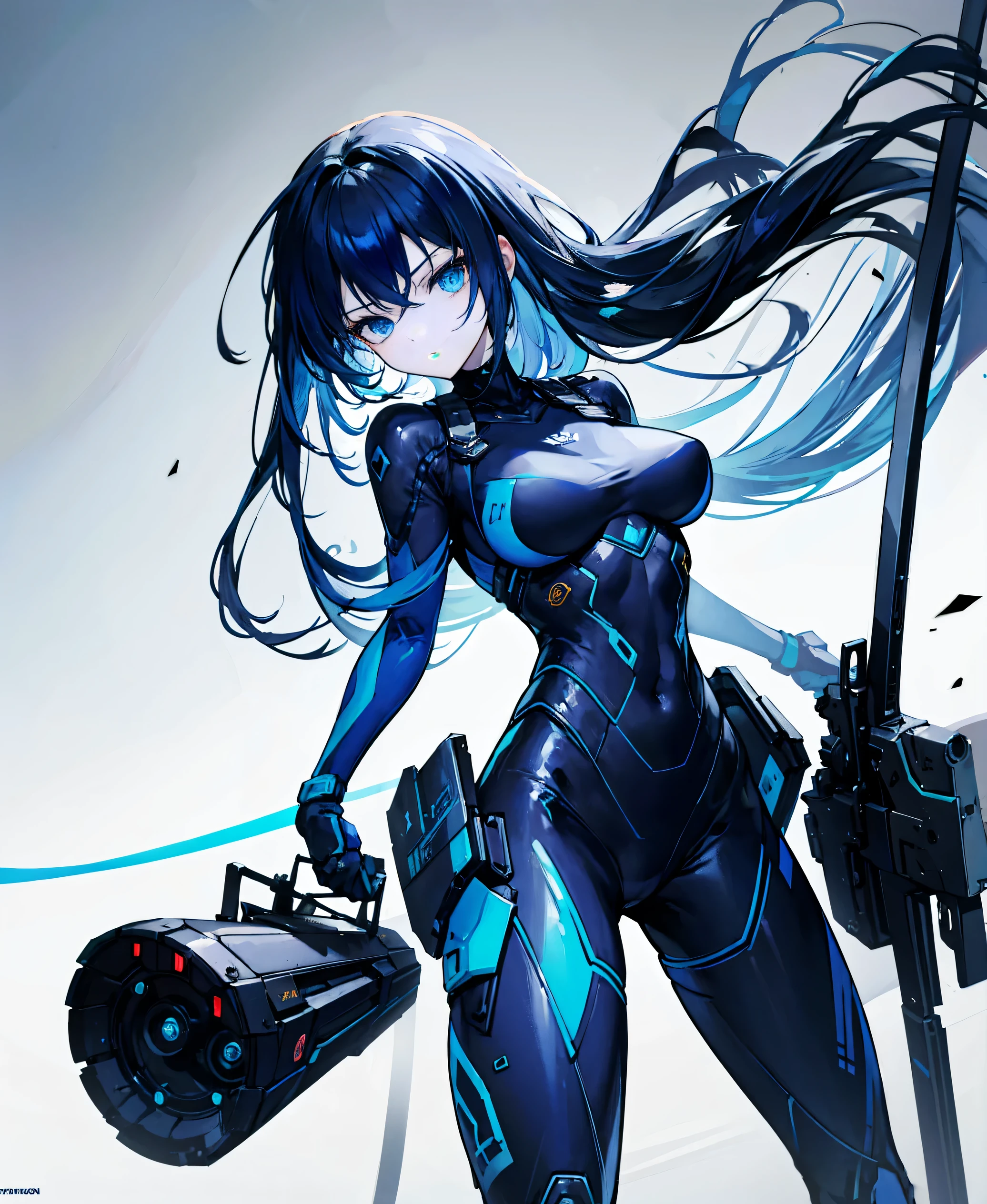 no background，girl，carry a firearm，Enamel style tight suit，use of firearms，dark blue long hair，attention arousal，blue colored eyes,no gradation