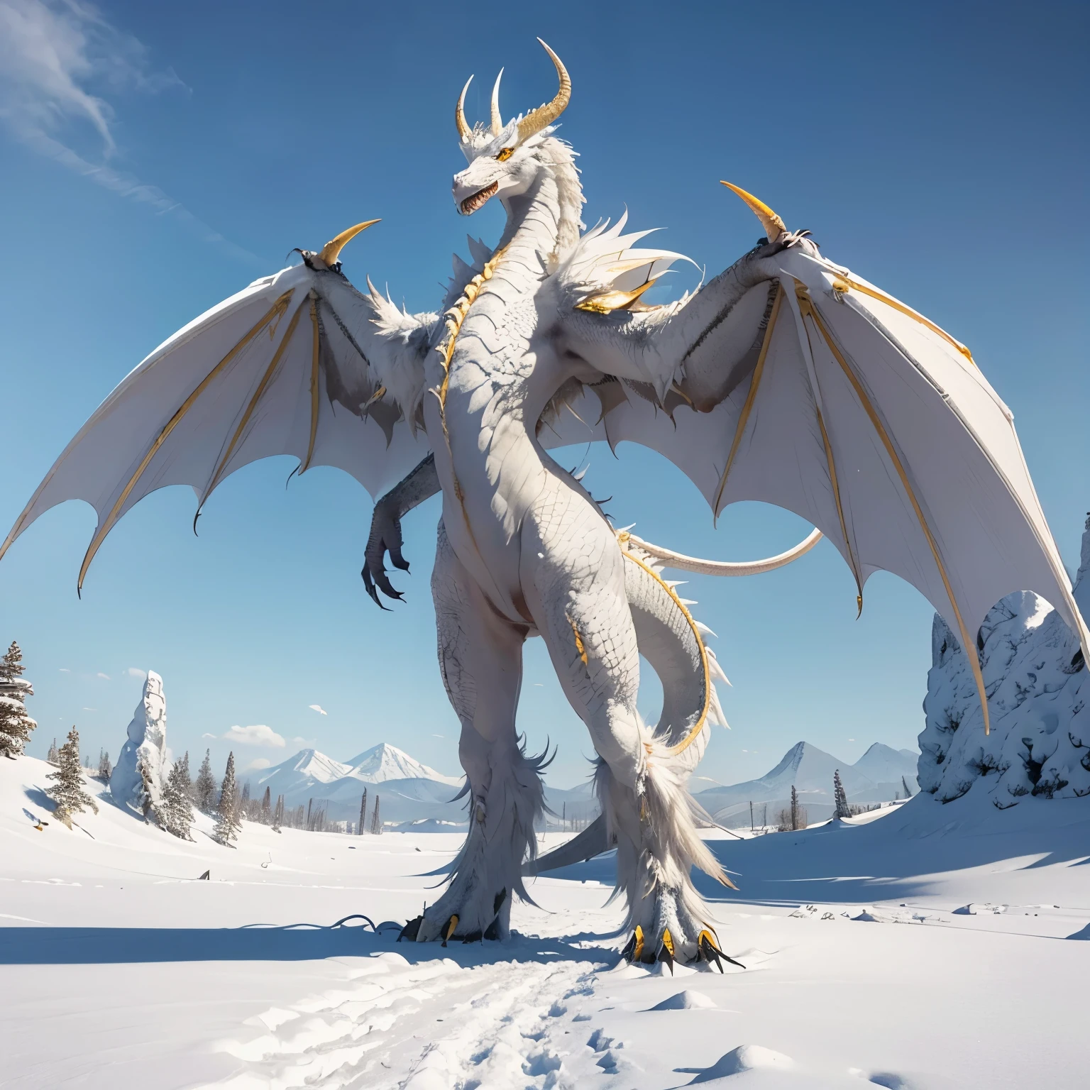 best quality, high quality, ultra quality, 8k, masterpiece, detailed, extremely detailed, insanely detailed, ultra detailed, ultra highres ,exquisite, lifelike Images,cinematic experience,UHD picture,Realistic,photorealistic,hyperrealistic,vivid,RAW photo,shot by DSLR, Snowy land, snow on the ground, White Dragon flying, snow day, white dragon, dragon wings