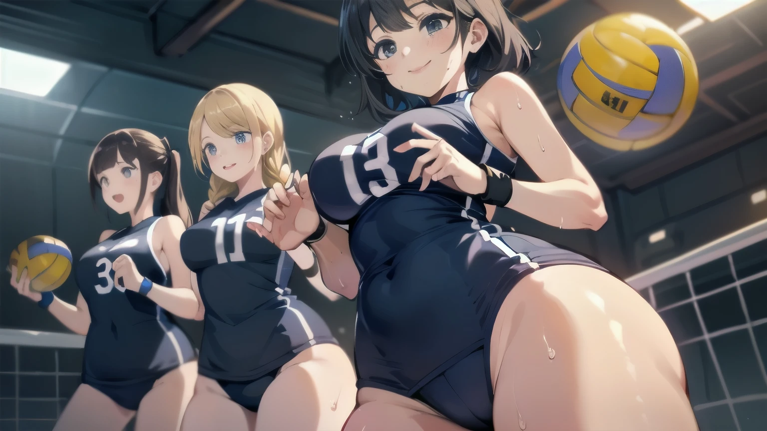 unity 8k wallpaper, anatomically correct, (((masterpiece))), (((best quality))), (((ultra detailed))), (((high-resolution))), ((super fine illustration)), ((Ultimate cutie)), ((detailed beautiful face)), perfect hands, perfect finger, (((good anatomy))), BREAK, multiple girls, lovingly gaze, harem, group picture, , (potbelly), (Curve), medium breasts, ((thick thighs)), Shiny hair, (((coquettish smile))), (((blush))), BREAK, Adidas, Sleeveless collared Volleyball Uniforms, ((wristbands)), BREAK, (Hold the beautiful spherical 6-inch volleyball), ((Sweat)), (perspired), (Heavy breathing), in gymnasium, in volleyball court, depth of field, strong light, cowboy shot,,