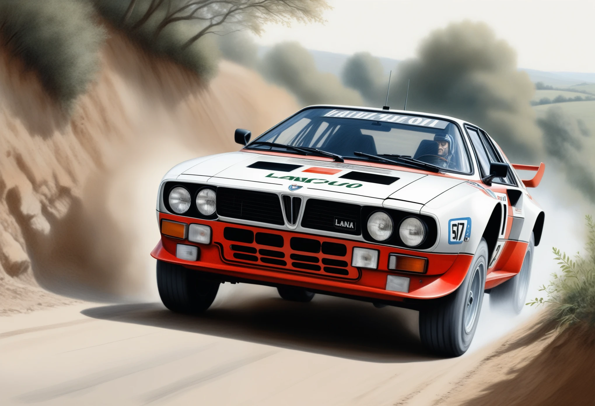 realistic pencil sketch, racing car (Lancia 037 Rally), low angle shot, The car is going fast through a narrow road on a slight hill, the sketch taken from the front in front of the car from ground level, realistic, lots of details