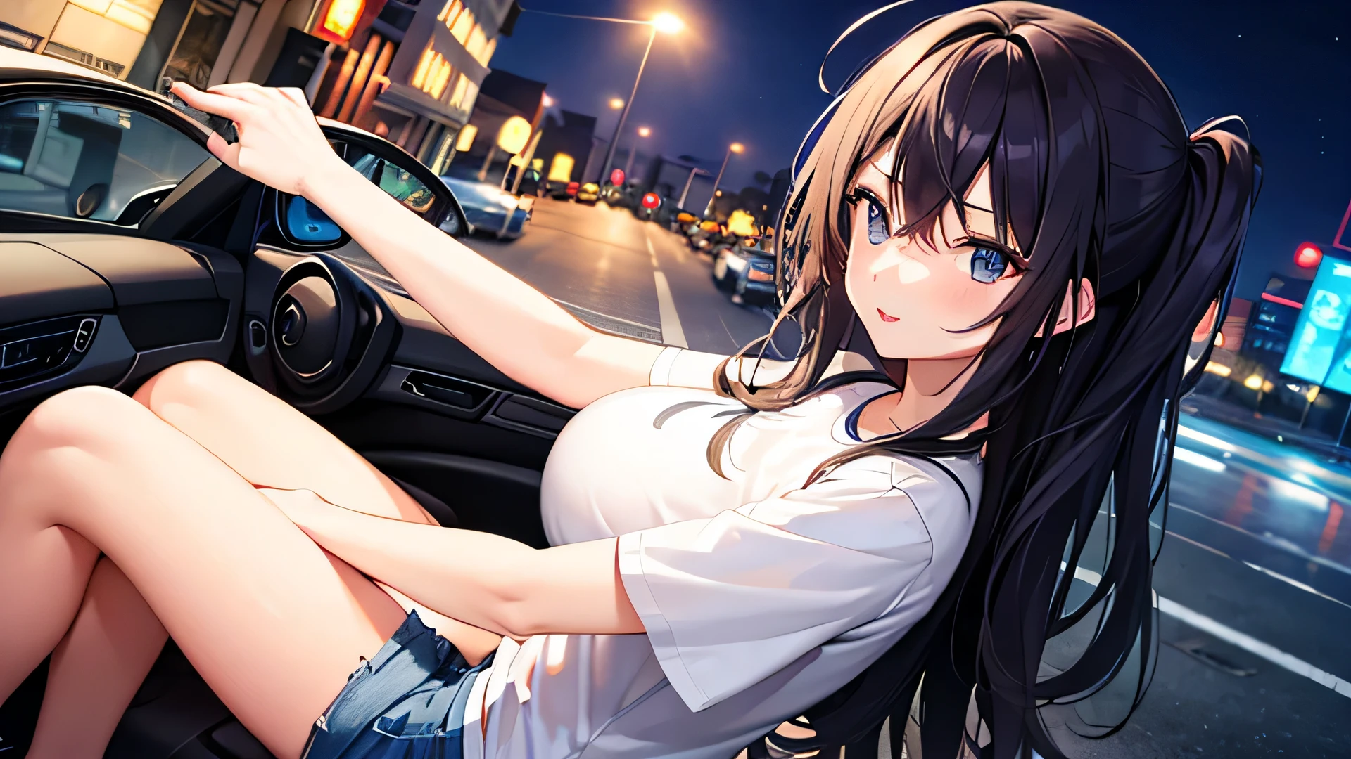 2D、girl、white t-shirt、big breasts、night、city、road、shorts