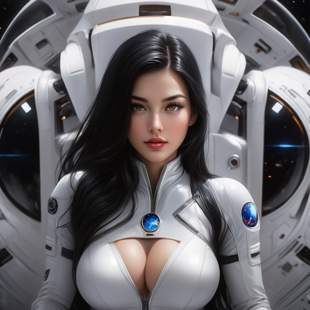 beautiful busty woman,long black hair, detailed face,fit body,gorgeous eyes,lush lips, confident expression,white space suit,taking off space suit,elegant movement,interior ISS space station,zero-gravity environment,advanced technology, sleek design,airy atmosphere,soft lighting,reflective surfaces,ultra-realistic details,(best quality,4k,8k,highres,masterpiece:1.2),ultra-detailed,(realistic,photorealistic,photo-realistic:1.37),HDR,UHD,studio lighting,ultra-fine painting,sharp focus,physically-based rendering,professional,vivid colors,portraits