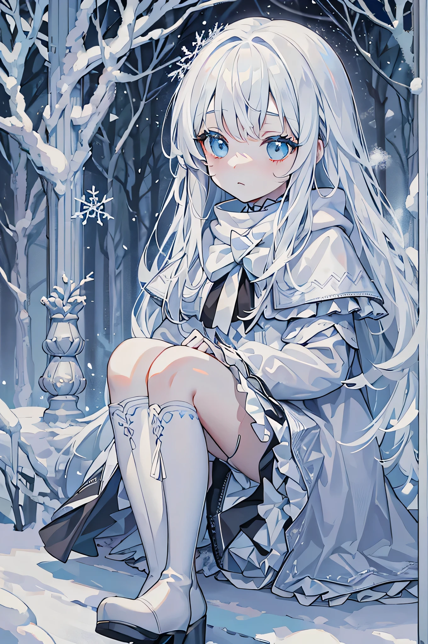 long white hair，blue eyes，light blue dress，snow scene，white pantyhose，little girl，maid outfit
