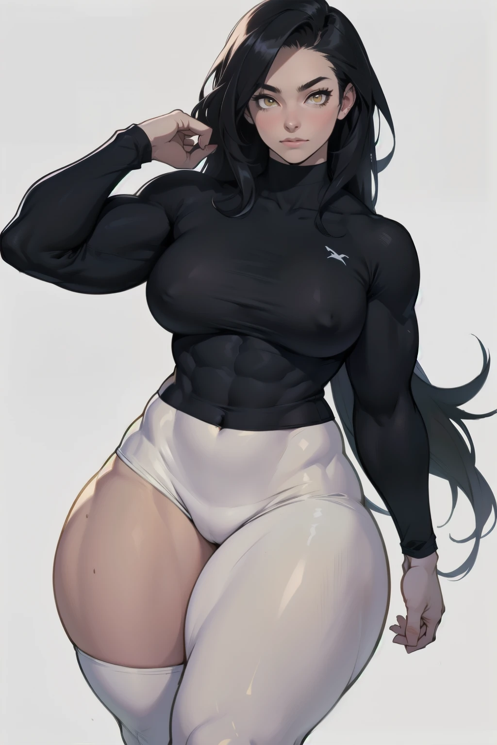 girl ((((muscular 1girl)))) ((((thick thighs toned body)))) (pale skin) black hair yellow eyes very long hair long sleeve tight t-shirt tight pants (straight hair)