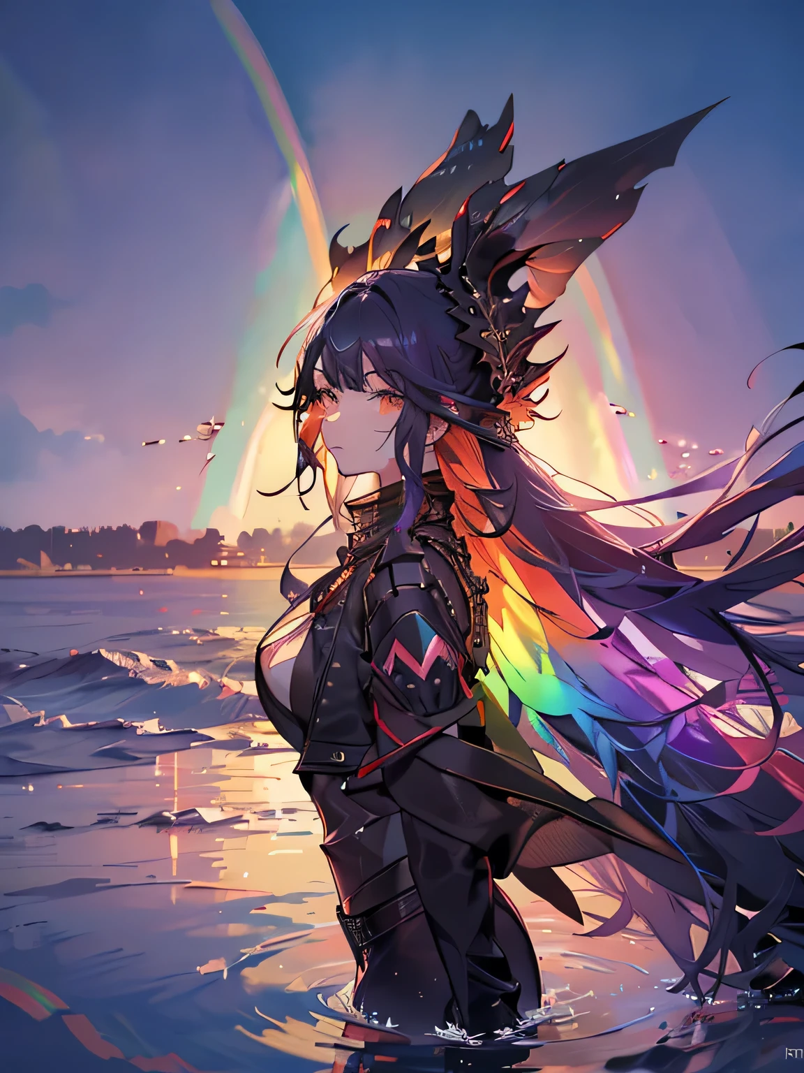 Girl bowing her head slightly, (((This girl is the final BOSS))), her face is angry, big pink eyes, Move the hair, Long sideburns, long curled corners, final boss robe, Walk on the water, There are ripples everywhere you go, possessive posture, whole body, {Extremely detailed 16k CG unit wallpapers}, vast landscape photography, (low angle of view，Focus on characters and background), (broad horizons broad horizons), (low angle shot), (emphasize: 1.5), (low light: 1.4), (Warm light source: 1.4), intricate details, (rainbow colors: 1.8), (bright lights), ( mood lighting), extremely good, cinematic, Unique