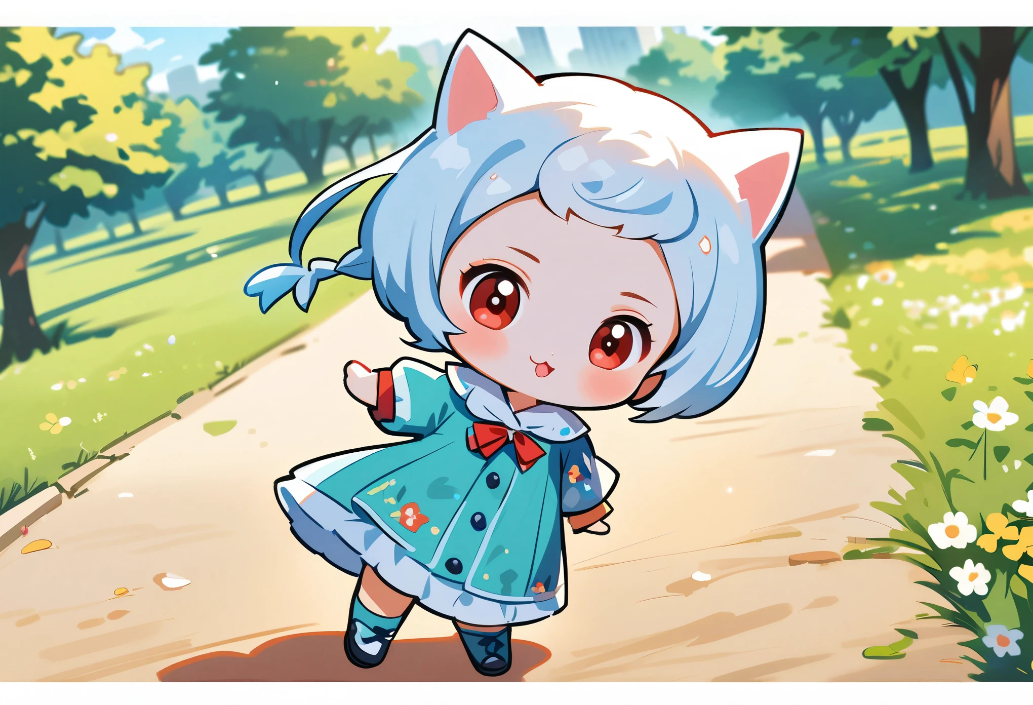 ((anime chibi style)), cute looking kitten with adorable eyes in the park, dynamic angle, depth of field