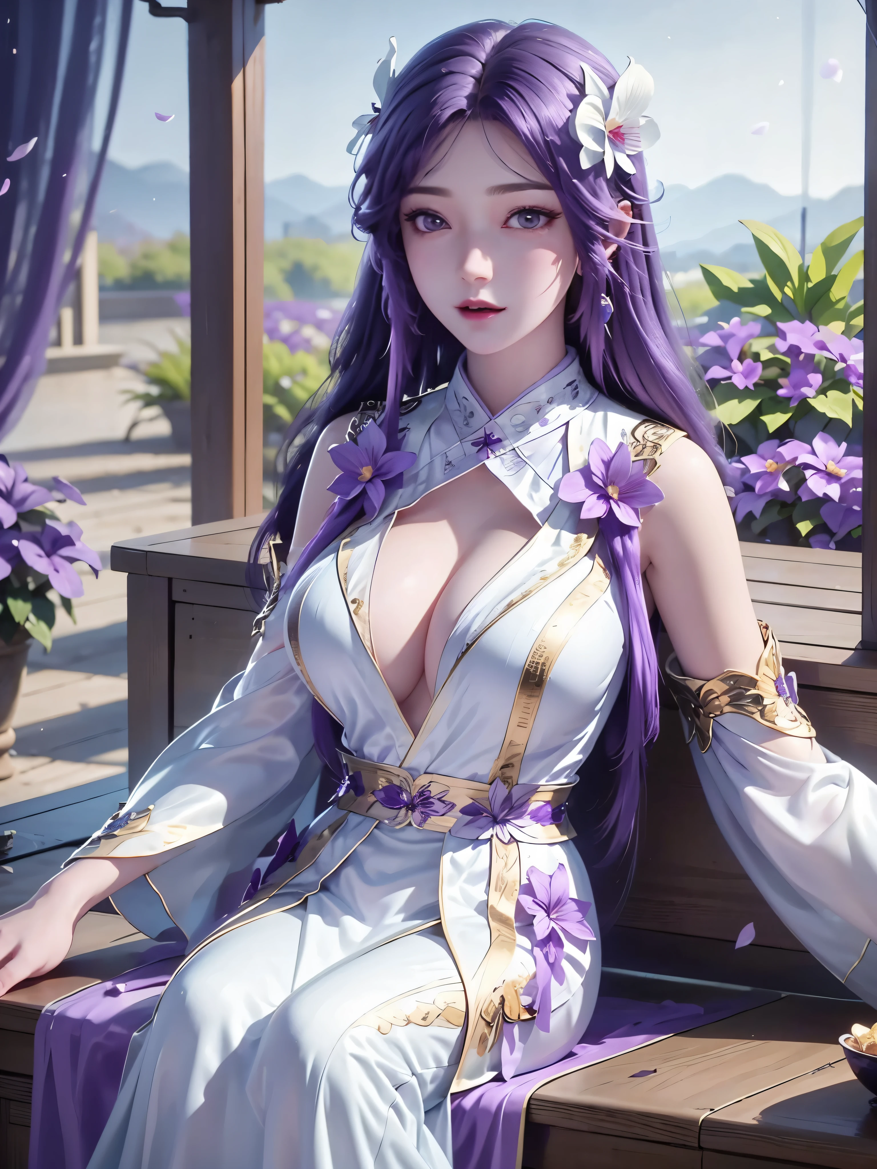 a beautiful young girl,((alone)),full body portrait,masterpiece, best quality,clear Eye，(Big breasts),Delicate Eye, extremely_detailed_Eye_and_Face, gorgeous and colorful, shining point, the most beautiful, hair accessories，((seven clones))，There are no bangs on the forehead,necklace, long purple hair，best quality，purple Eye,Lying in bed，Chinese style architecture，curtain，Purple bellflower flowers，falling petalss，Flying purple butterfly，Describe exquisite scenery，bright colors, Rich shine, Gorgeous special effects, 8K quality,，falling petals,orchid,Separate sleeves, circle