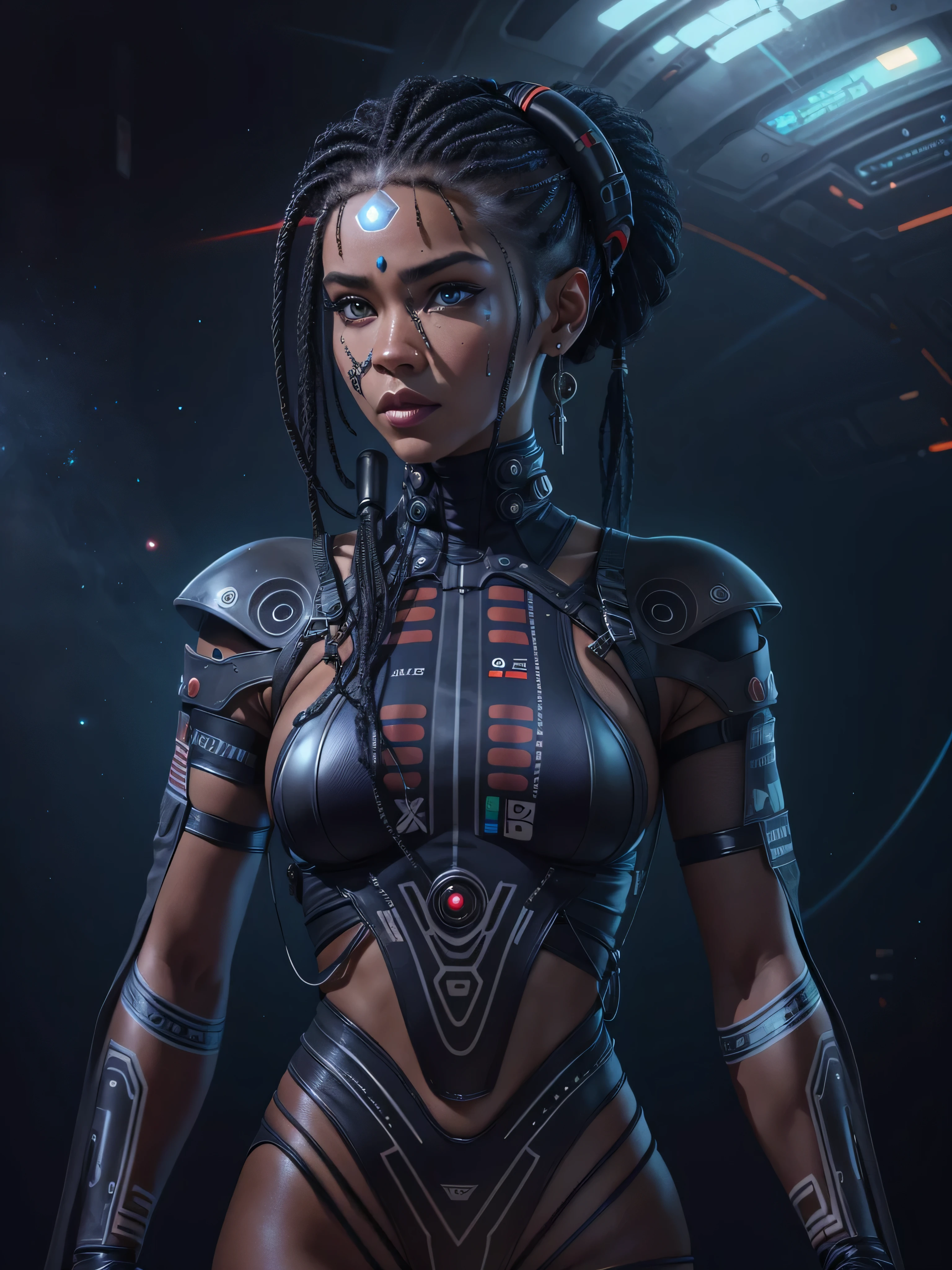 A futuristic cyborg woman with glowing blue circuitry, dramatic lighting, intricate mechanical details, hyper-realistic, 8k, volumetric lighting, cinematic composition, depth of field, photorealistic, highly detailed, vibrant colors, studio lighting, sci-fi, blue and black color scheme