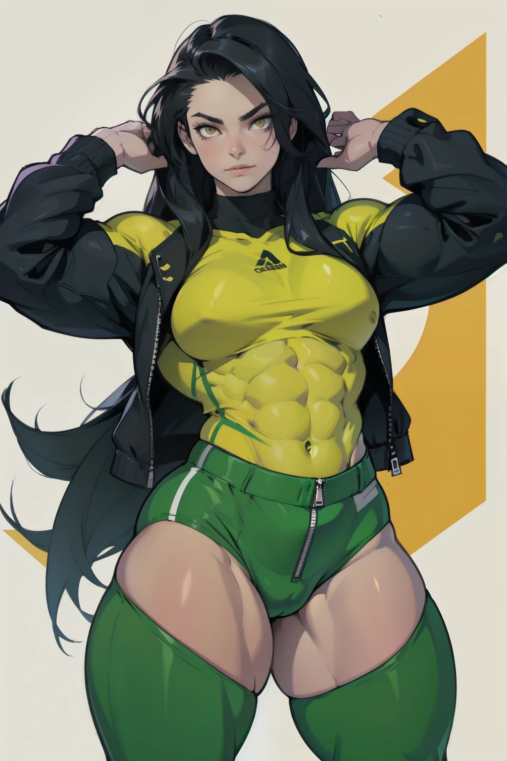 girl ((((muscular 1girl)))) ((((thick thighs toned body)))) (pale skin) black hair yellow eyes very long hair long sleeve tight t-shirt tight pants (straight hair)