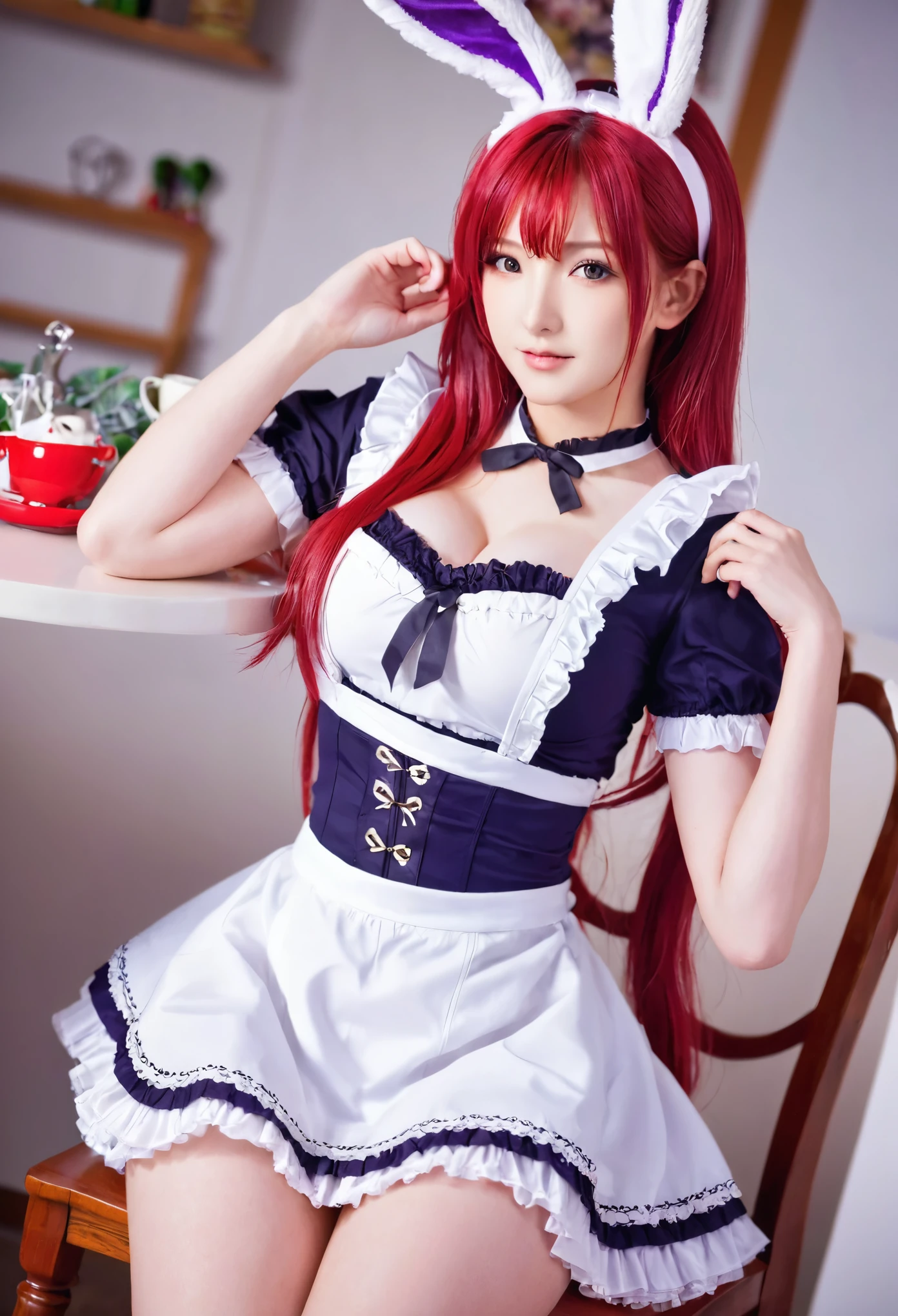 Outrageous, Best Quality, 1girl, solo, red hair, purple eyes, long hair, big, ahBunny, bunny ears, red corset, gakuran, aprons, red neck ribbons, red skirt, hair bow, short sleeves, wrist cuffs, white thighs, jingle bells