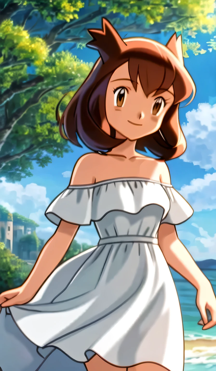 masterpiece, best quality, ultra-detailed, illustration, beautiful detailed eyes, very detailed illustration, cinematic lighting, 1 girl, solo, Pokemon Heroes (Bianca), Brown Hair, brown eyes, 1 girl, solo, bare shoulders, strapless, off shoulders, ruffle off the shoulder top, white maxi dress, intricate details, sharp focus, high resolution, beachside，evening light，early evening，walking, Coast, cowboy shot, light smile