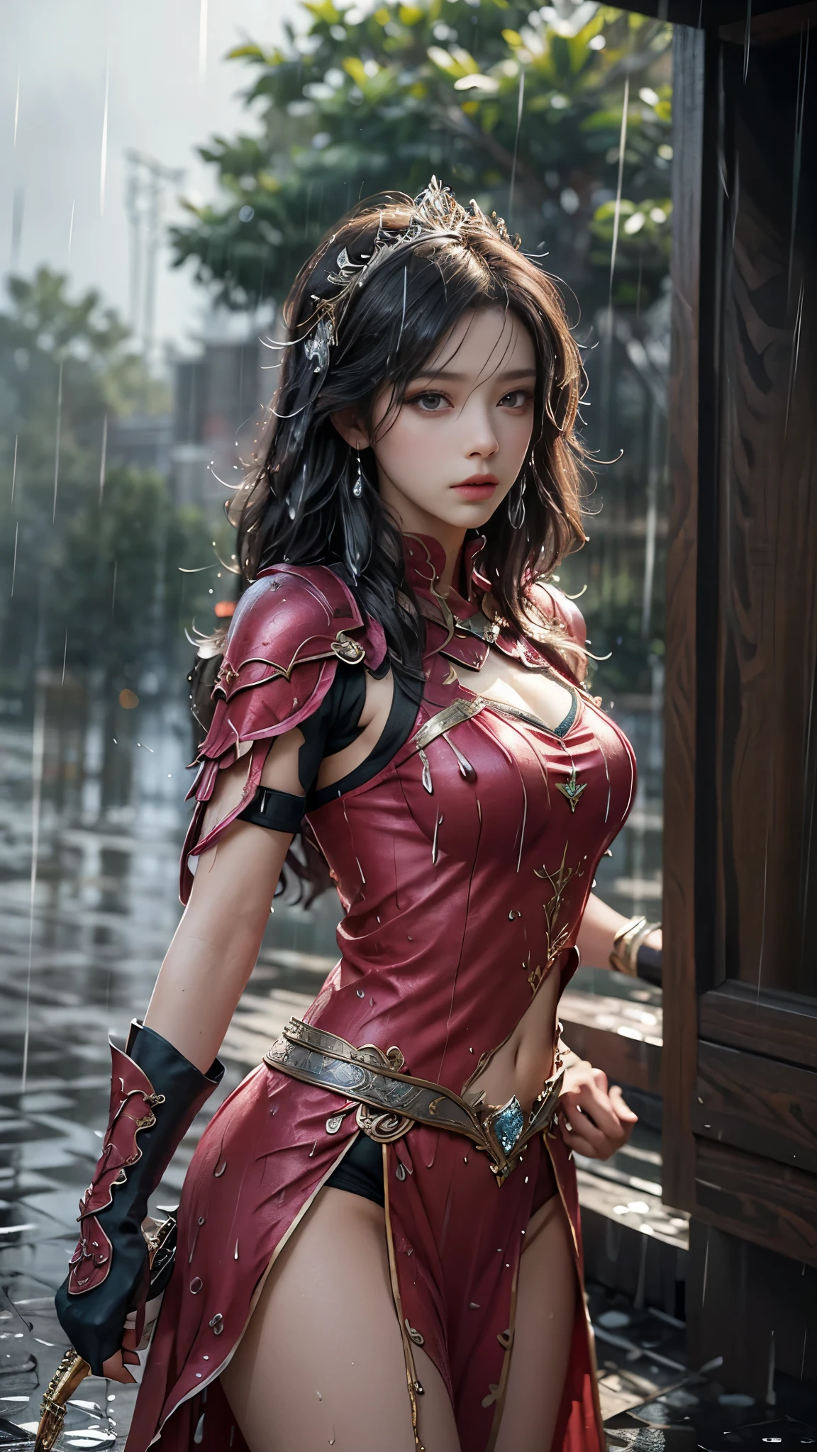 a woman in a magenta dress, realistic Art Station, (hard raining:1.5), Detailed Fantasy Art, Stunning Character Art, beautiful Exquisite Character Art, Beautiful magenta Armor, (bare waist:1), Extremely Detailed, magenta armor Girl, Exquisite Intricate Headdress and Jewelry, attractive poses,