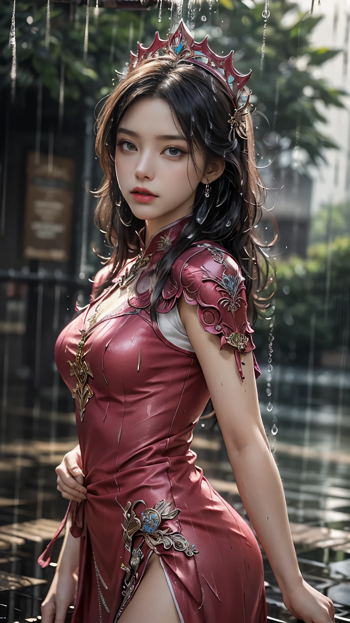 a woman in a magenta dress, realistic Art Station, (hard raining:1.5), Detailed Fantasy Art, Stunning Character Art, beautiful Exquisite Character Art, Beautiful magenta Armor, (bare waist:1), Extremely Detailed, magenta armor Girl, Exquisite Intricate Headdress and Jewelry, attractive poses,