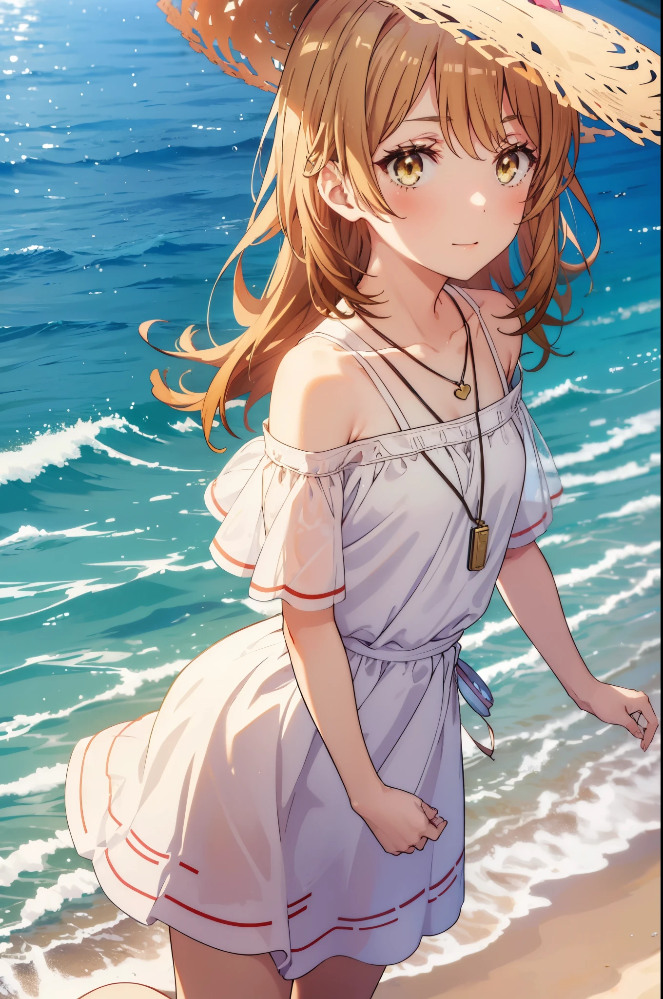 irohaisshiki, iroha isshiki, long hair, brown hair, (brown eyes:1.5), short braided hair,smile,blush,big straw hat,off shoulder dress,heart shaped pendant necklace,bare clavicle,naked neck,bare shoulders,long skirt,barefoot,turn around,
ビーチのsandy beachを散歩しながら、brown hair fluttering in the breeze, 
break outdoors, sandy beach,海
break looking at viewer,
break (masterpiece:1.2), highest quality, High resolution, unity 8k wallpaper, (shape:0.8), (fine and beautiful eyes:1.6), highly detailed face, perfect lighting, Very detailed CG, (perfect hands, perfect anatomy),