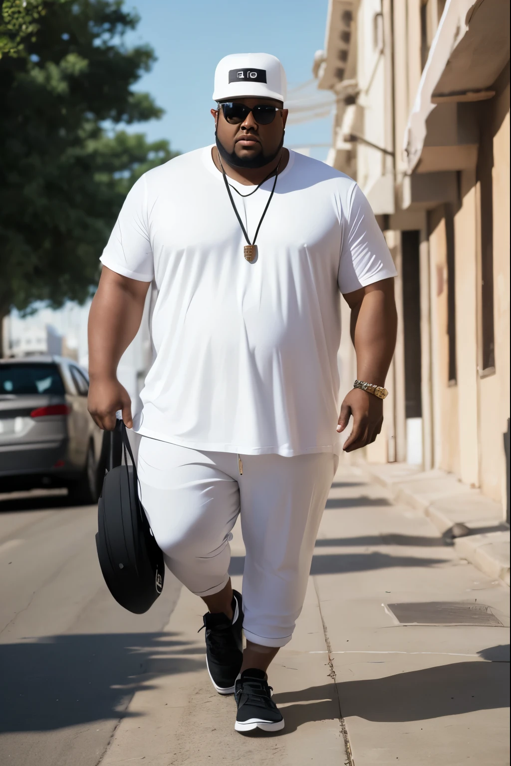 midi top,Pure white loose T-shirt,,Pants,huge,fat,american man,full-body shot,Black person,black hair,short hair,Wear sunglasses,street background,Wear a hat,with jewelry