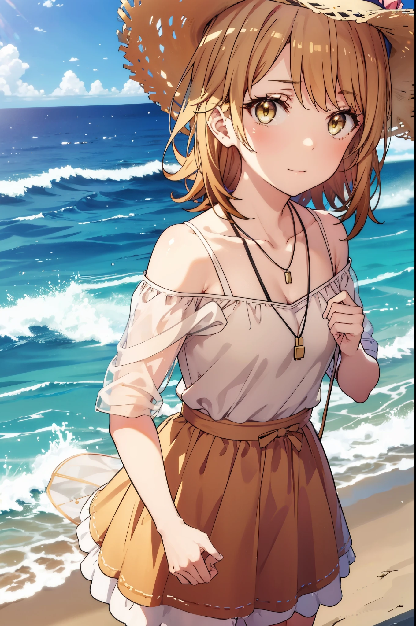 irohaisshiki, iroha isshiki, long hair, brown hair, (brown eyes:1.5), short braided hair,smile,blush,big straw hat,off shoulder dress,heart shaped pendant necklace,bare clavicle,naked neck,bare shoulders,long skirt,barefoot,turn around,
ビーチのsandy beachを散歩しながら、brown hair fluttering in the breeze, 
break outdoors, sandy beach,海
break looking at viewer,
break (masterpiece:1.2), highest quality, High resolution, unity 8k wallpaper, (shape:0.8), (fine and beautiful eyes:1.6), highly detailed face, perfect lighting, Very detailed CG, (perfect hands, perfect anatomy),