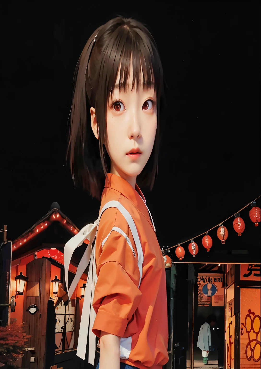 a close up of a japanese girl standing in front of a building, spirited away, style hyper realistic, s close up of lain iwakura, style in ghibli anime style,
