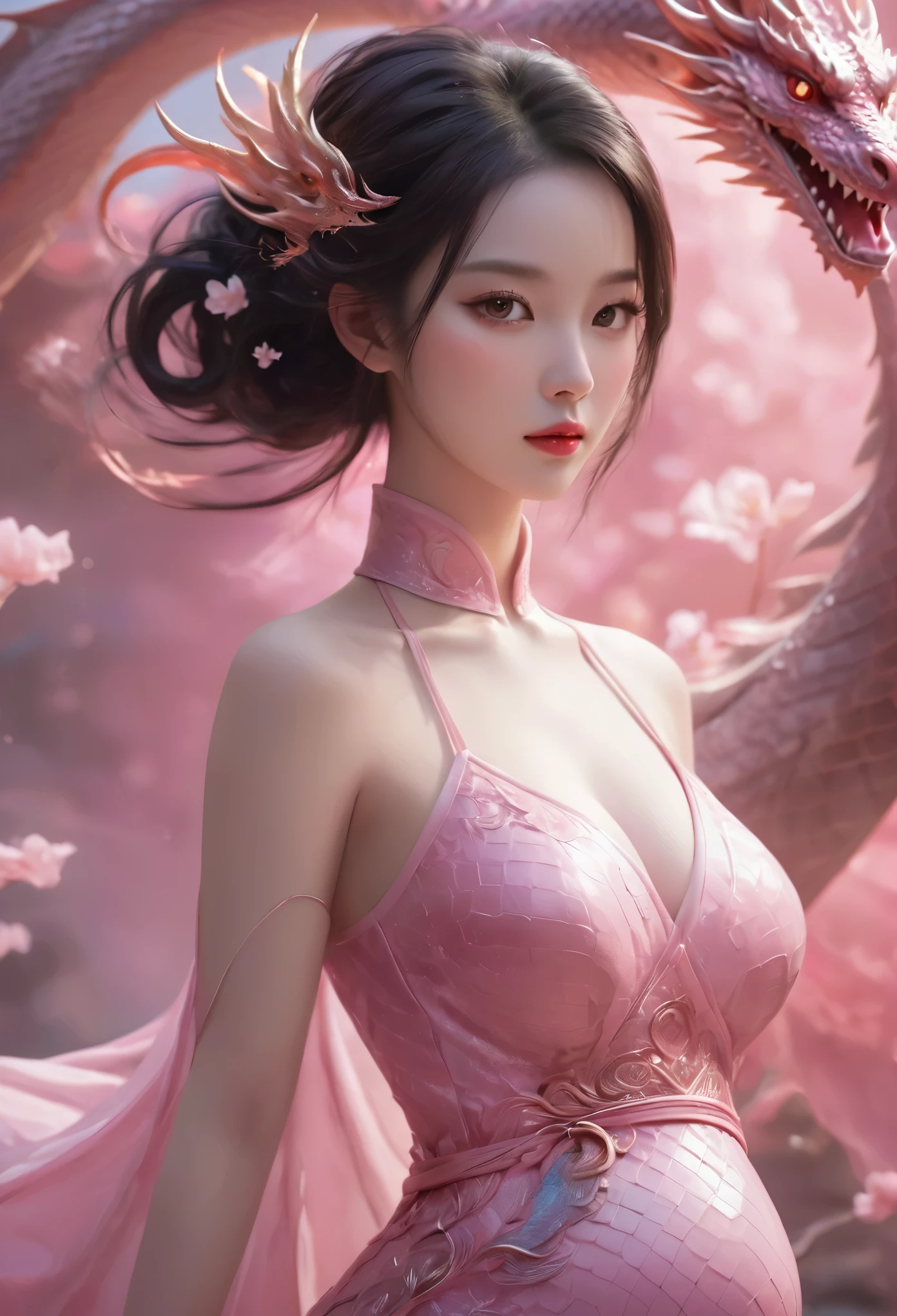 masutepiece,(Best Quality:1.3),超A high resolution,Raw photo,Detailed skin,Beautiful lighting,(Realistic, Photorealsitic:1.4),
1 Girl Dragon Girl,red dragon,shenron,Smile,Dragons have eyes of flame,Cloudy background,(Pink Dragon:1.4),