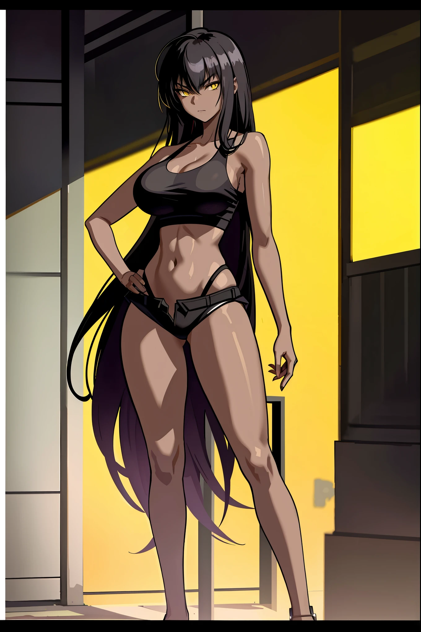 Masterpiece, best quality, high resolution, 1 woman, Karin , black skin , long black hair , yellow eyes , black tank top , bikini , abdomen , big breasts, Long legs , stand on your hips , roadside , city