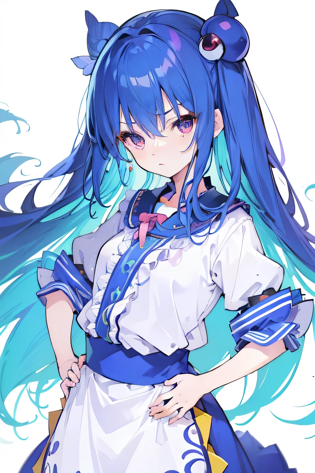 (masterpiece),best quality, expressive eyes, perfect face, 1girl,
Put your hands on your waist,Fair, Gorgeous,japanese manga,girl,Laura,young angel, blue hair, blue haired, floating clothes,grab your waist, grab your waist, hands on hips , hands on hips,flat chest