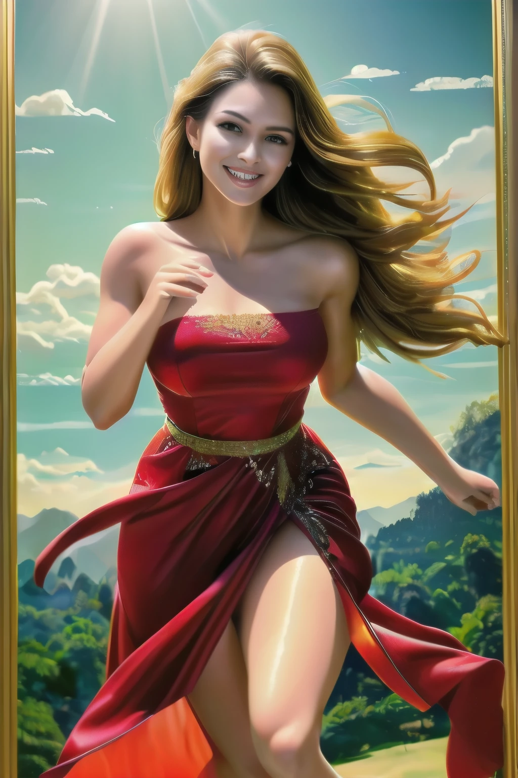 In the heart of a breathtaking paradise, a gorgeous female figure is captured in a full-length frame, running with grace and allure. The background is a blend of vibrant greens, azure skies, and golden sunbeams, painting a picture of paradise. With an attractive smile playing on her lips, she flirts with the viewer, her glamour clothes hugging her curves in all the right places. A red dress, lustrous and shimmering, adds an air of sophistication and seduction.

The portrait bustles with details, bringing the vivid scene to life. The woman's skin is highly detailed and realistic, every pore, freckle, and texture, giga_busty