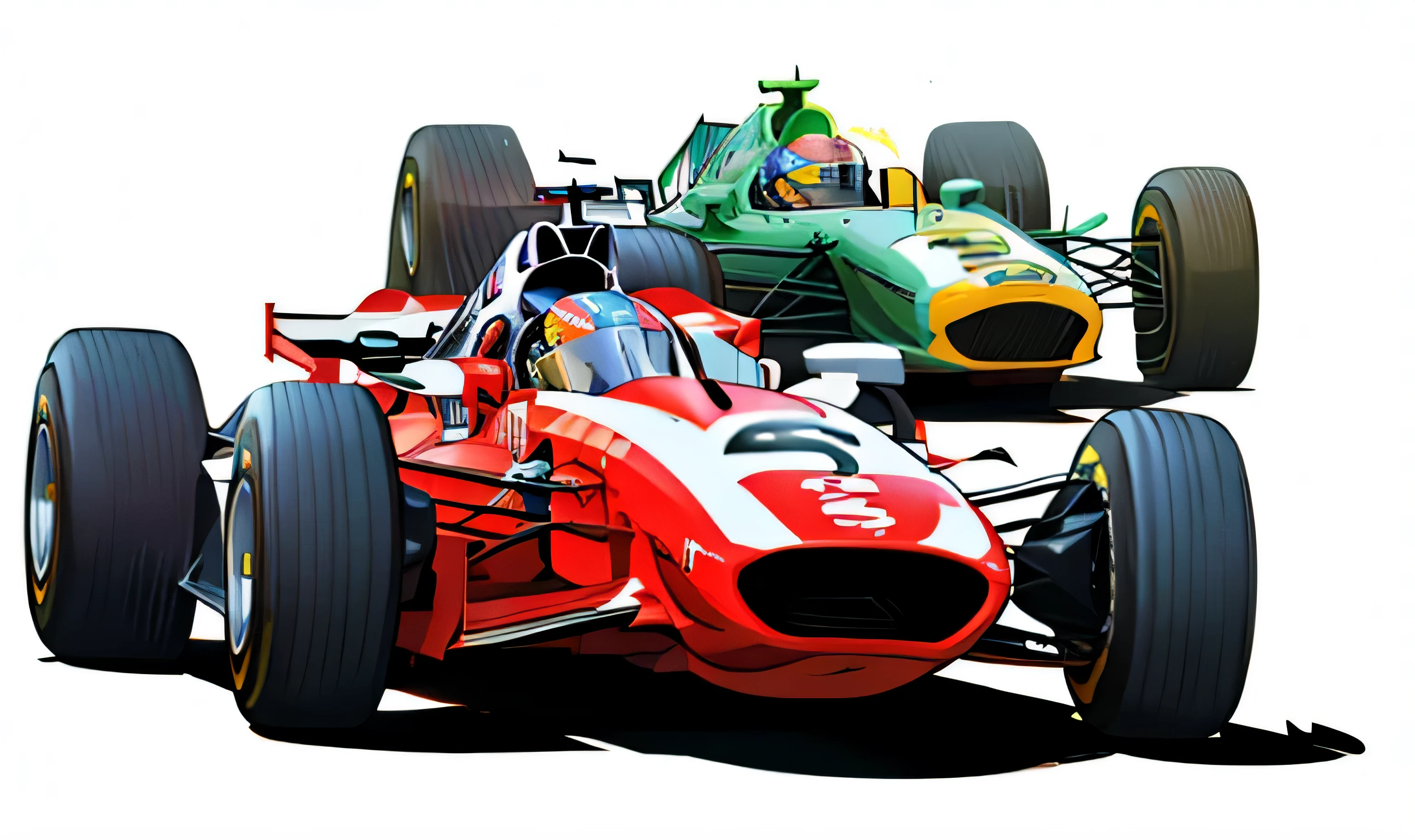 Illustration of two racing cars,There is a rider in front, f 1, formula one car, Formula 1, gurney, author:Ray Howard Jones, lotus, f 1/3, author:Bob Linwood, author:John Nicholson, f 1/4, by Kev Walker, racer, classic cars, author:Peter Scott, Wayne England, by Derek Hill