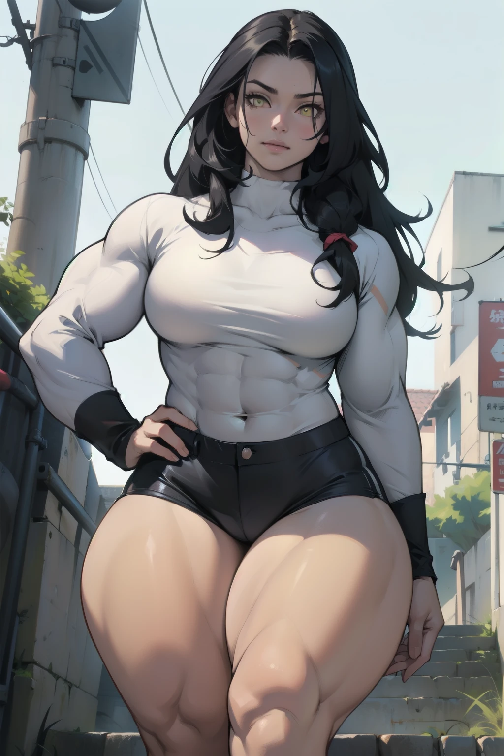 girl ((((muscular 1girl)))) ((((thick thighs toned body)))) (pale skin) black hair yellow eyes very long hair long sleeve tight t-shirt tight pants (straight hair)