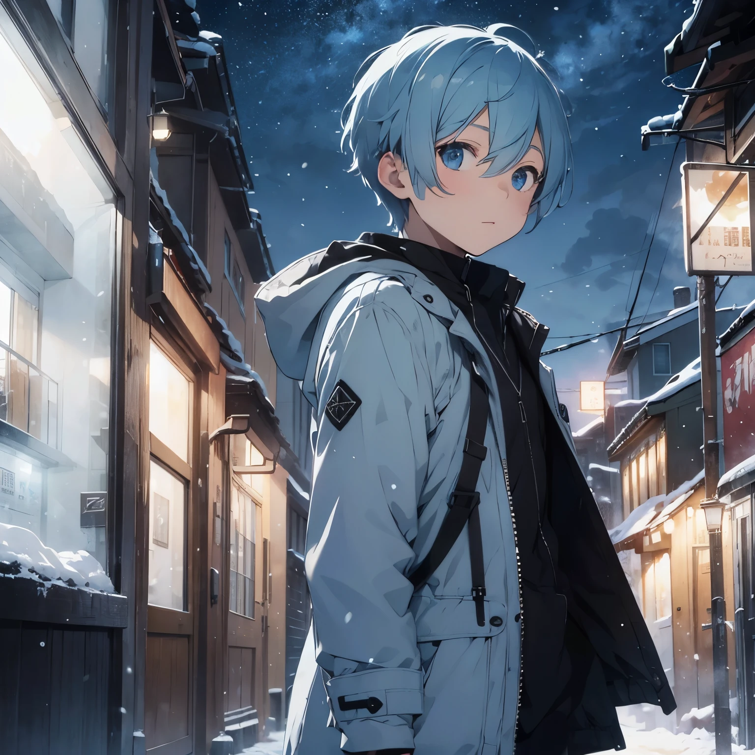 best quality, masterpiece, short light blue hair, depressed, young teen male, black eyes, wearing black parka, snowing sky, snowscape, lots of snow 