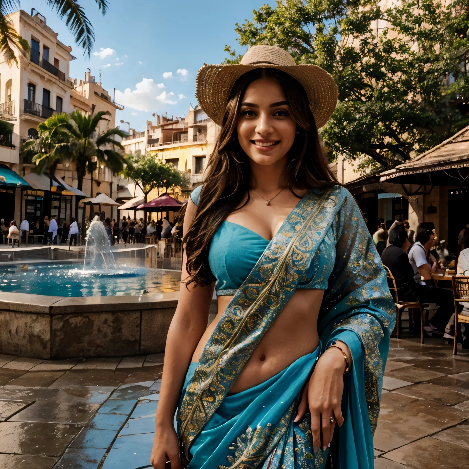 (best quality,highres,ultra-detailed:1.2), HDR, vivid colors, beautiful girl wear saree, Barcelona square, lively atmosphere, charming architecture, colorful flowers, happy people, stunning view, cozy cafe, outdoor dining, sunny weather, elegant dress, stylish hat, joyful expression, long flowing hair, vibrant street performers, bustling crowd, street musicians, mouthwatering food stands, historical landmarks, mosaic pavement, decorative fountains, palm trees, blue sky, warm sunshine, laughter and laughter, carefree moments