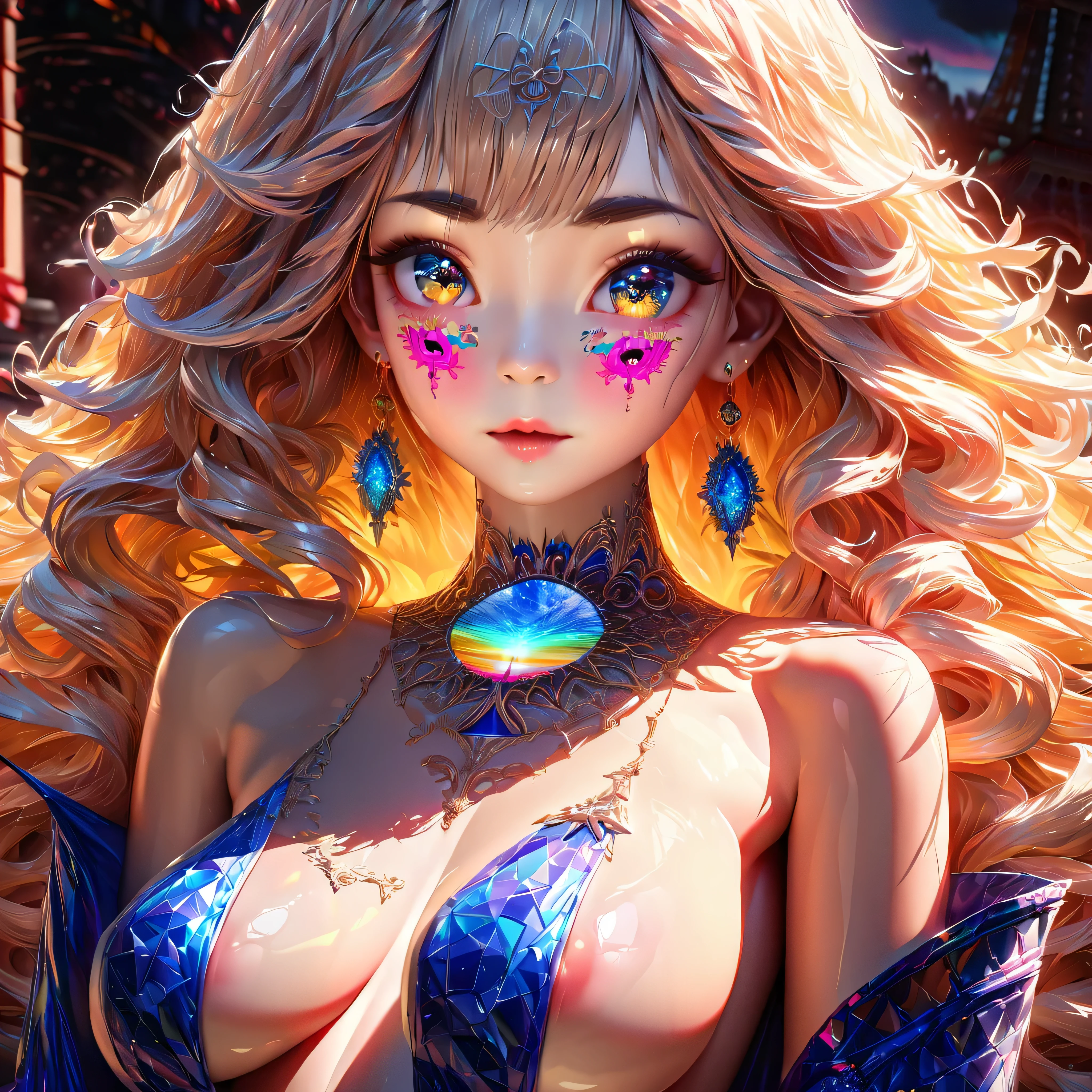 Sunset sunshine, max best lighting, detailed background geometric multidimensional deep path equirectangular night cooling tower eiffel earring, denim lens, standing, sexy epic gorgeous flirt flower, tmasterpiece RAW, UHD, HDR, long curly deep blonde frange tourmaline, very detailed skin silks reddener curled eyebrows, very shiny skin, eyeliner, gothic epic brights eyes navy shadow, eye glitter, blush, macro chest micro necklace indigo lazuli sundrop, (close up, face focus: 1.2), (close-up, face focus: 1.2), look back reveal tattoo fullbody ❤ epic chest yellow saffron BridalDress kunzite Lys sideboob breasts, fishnet tights, bow, chocker, look-by, max best quality, ultra high quality, ultra high definition, ultra high quality texture, ultra high quality shadow, ultra high detail, epic beautiful detailed, fine detailed, extremely detailed cg, high detailed texture, a ultra-realistic representation of the face, ultra pro photo realistic, optimal reflex accurate ultra sharp, colorful DSLR, delicate, cinematic sunlight, side light, Lens Flare, Ray Tracing, detailed beautiful delicate face, detailed beautiful delicate eyes, ultra_high-details, To enhance the overall appeal suggests adding vibrant colors, reminiscent jewelry extremly symmetrical intricate micro ultra_High-details, Will-o'-the-wisp iota pixie sprite, saturate, reflection, yang08k, vibrant colors, vibrant theme, varied multi etc. --v6 --s1000 --c20 --q5 --chaos100
