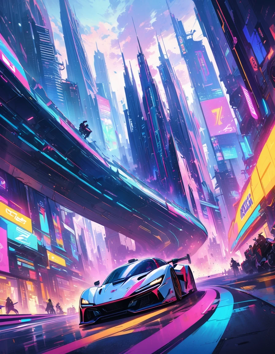 A funny monkey and his cyberpunk racer, (best quality, 4K, high resolution, masterpiece:1.2), Super detailed, actual:1.37, bright colors, Under the illumination of neon lights, In a dystopian cityscape, Towering skyscrapers and futuristic buildings, Surrounded by flying machines and holographic ads. Monkey wearing cool and stylish racing suit, With a naughty expression on his face, Drive a high-tech stylish race car under neon lights, Winding tracks. The car uses advanced technology,Equipped with glowing LED lights, Future aerodynamic design, and powerful engine. Monkey's car is competing with other controlled animals and futuristic vehicles, Create an exciting and action-packed scene. The atmosphere is full of energy and adrenaline, When the monkey manipulates skillfully in the game, Leaves traces of colored light and future effects. The scene was captured using dynamic camera angles, Enhance the sense of speed and intensity. The overall art style is a combination of cyberpunk and cartoon elements, Blending a high-tech futuristic setting with a playful and humorous atmosphere.