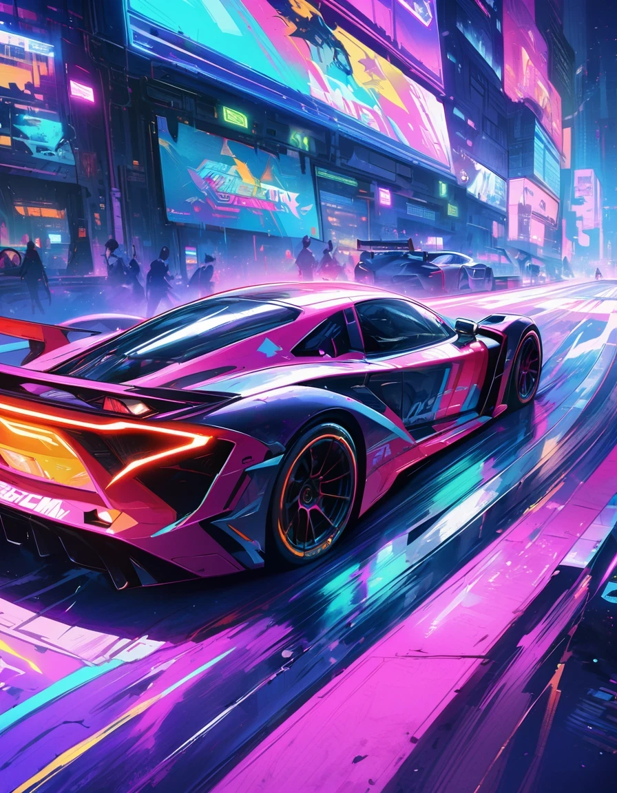 A funny monkey and his cyberpunk racer, (best quality, 4K, high resolution, masterpiece:1.2), Super detailed, actual:1.37, bright colors, Under the illumination of neon lights, In a dystopian cityscape, Towering skyscrapers and futuristic buildings, Surrounded by flying machines and holographic ads. Monkey wearing cool and stylish racing suit, With a naughty expression on his face, Drive a high-tech stylish race car under neon lights, Winding tracks. The car uses advanced technology,Equipped with glowing LED lights, Future aerodynamic design, and powerful engine. Monkey's car is competing with other controlled animals and futuristic vehicles, Create an exciting and action-packed scene. The atmosphere is full of energy and adrenaline, When the monkey manipulates skillfully in the game, Leaves traces of colored light and future effects. The scene was captured using dynamic camera angles, Enhance the sense of speed and intensity. The overall art style is a combination of cyberpunk and cartoon elements, Blending a high-tech futuristic setting with a playful and humorous atmosphere.