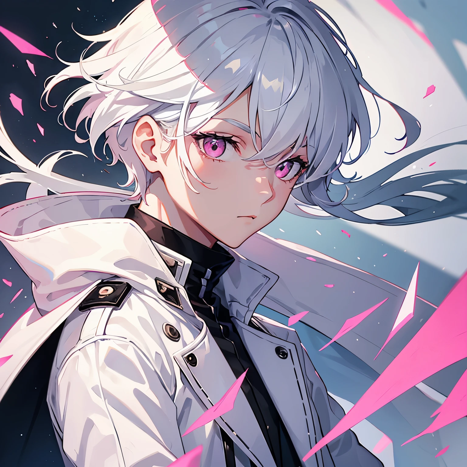 Boy with white hair and pink eyes,white trench coat,gentle,Sassy,