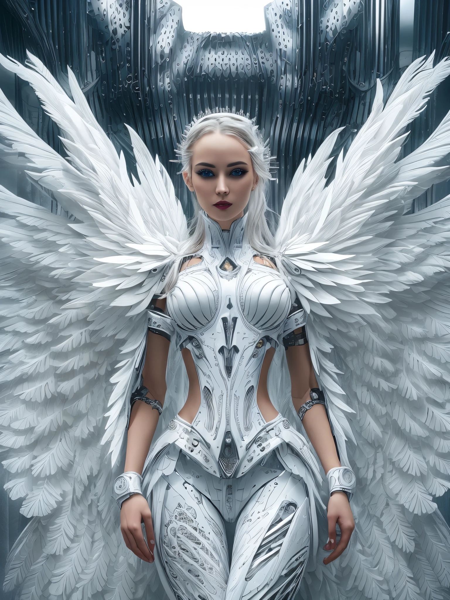 Close-up of a woman in a white dress with wings, full body angel, futuristic robot angel, amazing angel wings, angel knight gothic girl, angel in plastic armor, intricate costume designs, As a mysterious Valkyrie, The whole body is made of white feathers,, futuristic and fantastic, white wings, beautiful angel wings, steampunk angel, beautiful cyborg angel girl, graceful wings