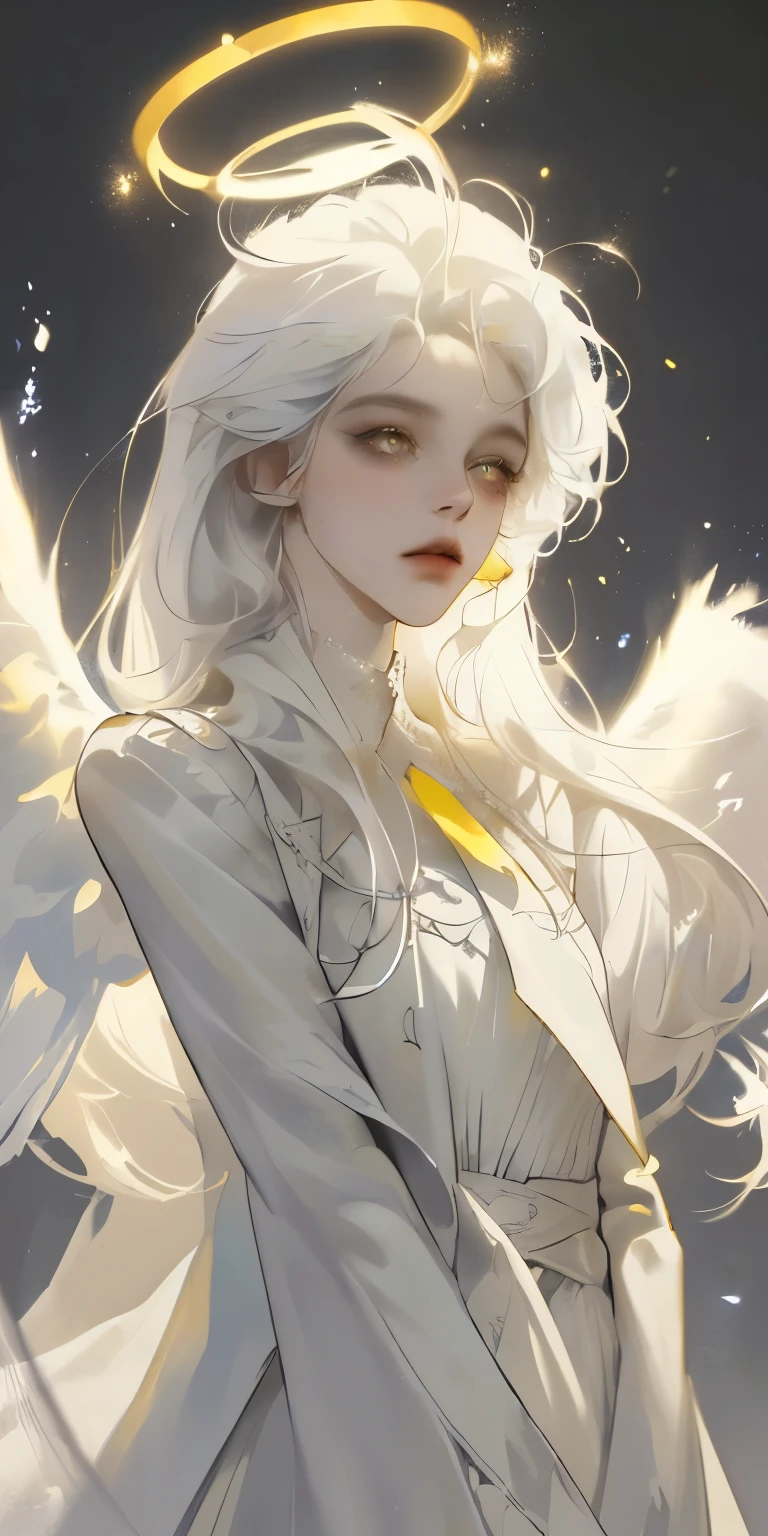 (masterpiece, best quality:1.3), (ultra-detailed:1.3), 1girl, solo, (white hair, messy hair, long hair), (angel wings, angel halo), flat chest, yellow eyes, (white shirt, black necktie, black coat, open coat), cowboy shot, cinematic lighting, (((glowing light particles))), (arms behind back), dynamic angle,