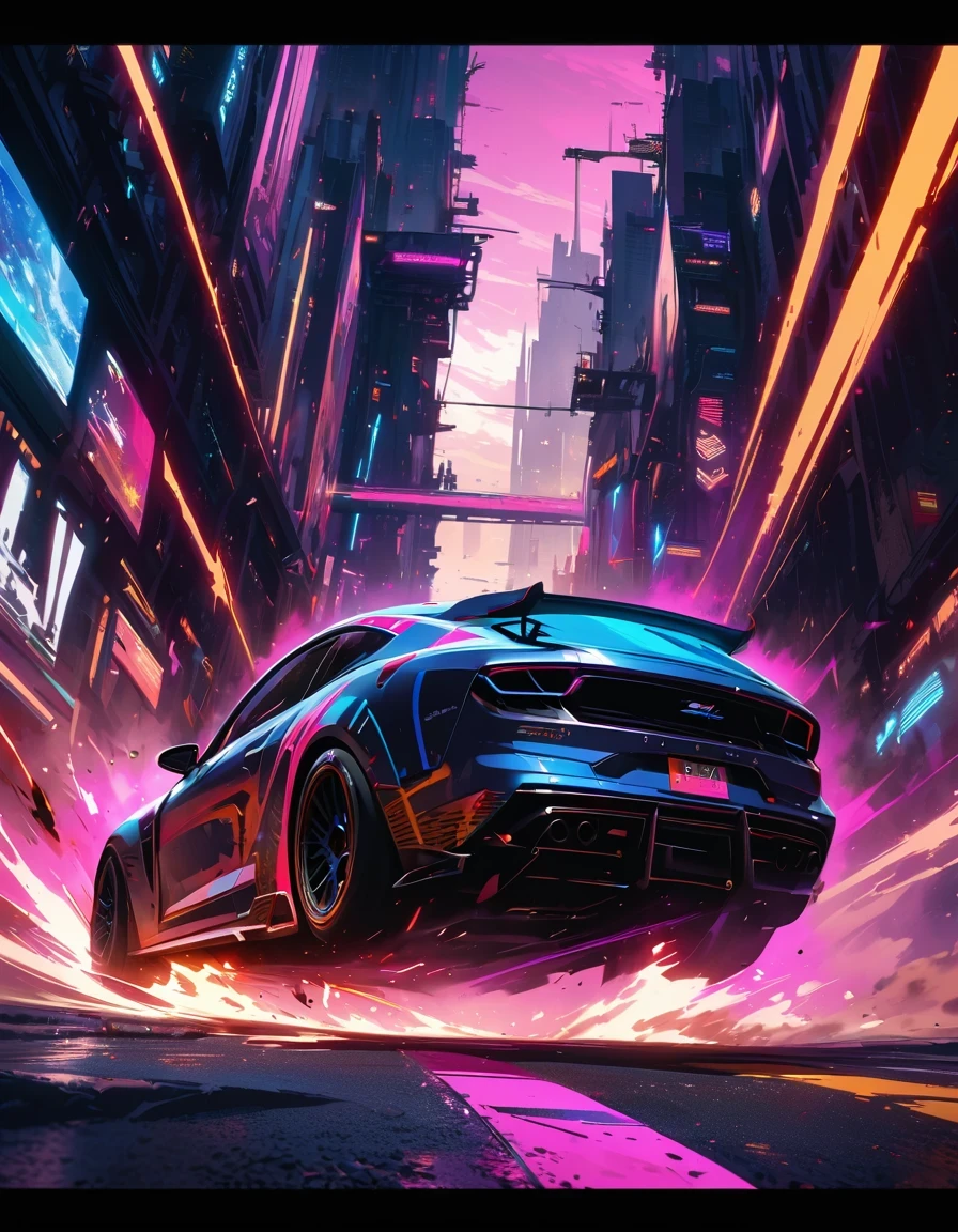 （best quality，4K，High resolution，masterpiece：1.2），super detailed，（lifelike：1.37)，Future cyberpunk racing,racing on the road,Passion and dreams，industrial aesthetics，heavy metal style，Surrealism，mechanical aesthetics，glitch art，aerodynamics，laser light，rim light，environmental lighting，backlight，spotlight，Unreal Engine，C4D，mixer，Octane number，bright colors，Futurism，moving rapidly，vibrant action，Detailed car design，Dynamic perspective，city environment，smoke and exhaust，Breathtaking speed，adrenaline