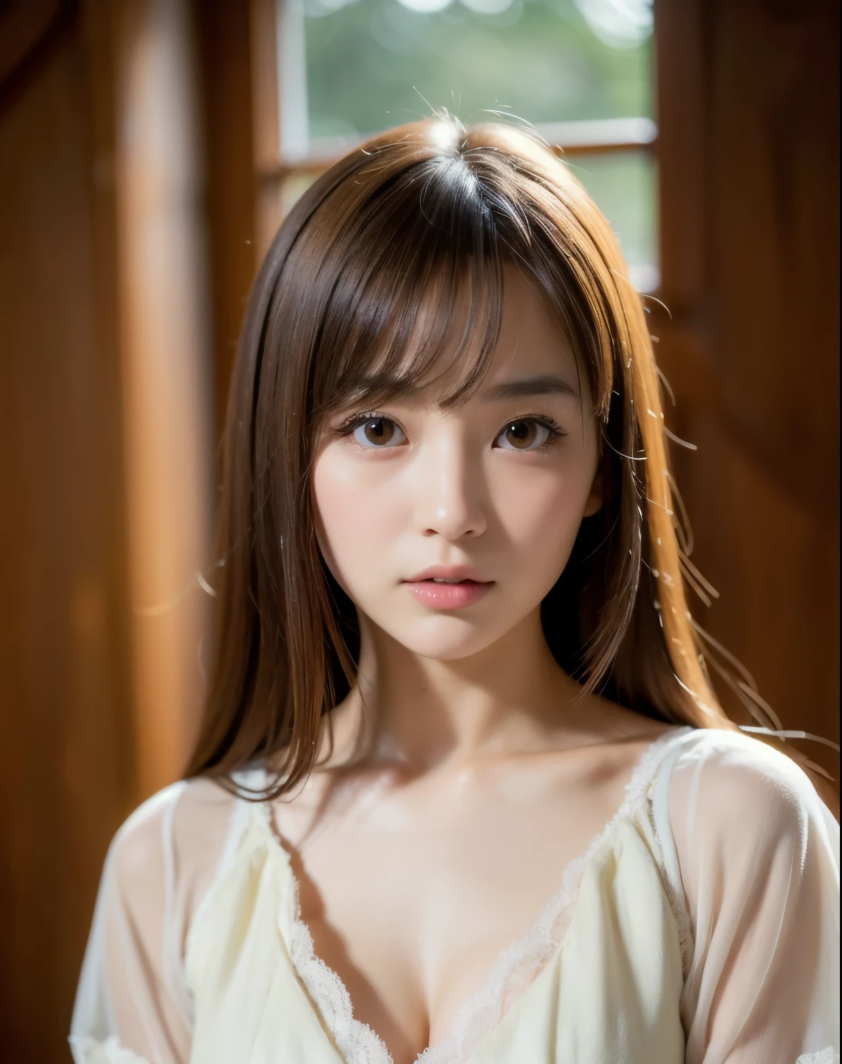best quality, face focus, soft light, ultra high res, (photorealistic:1.4), RAW photo,
1japanese girl, solo, cute, (pupil, lights in the eyes),  detailed beautiful face, (small chest),(high resolution detail of human skin texture),
(long hair),
indoor,
Damask Shirt Dress,
(portrait) lewd