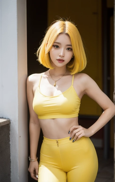 banana girl, yellow hair, yellow outfit, green top hair, best quality