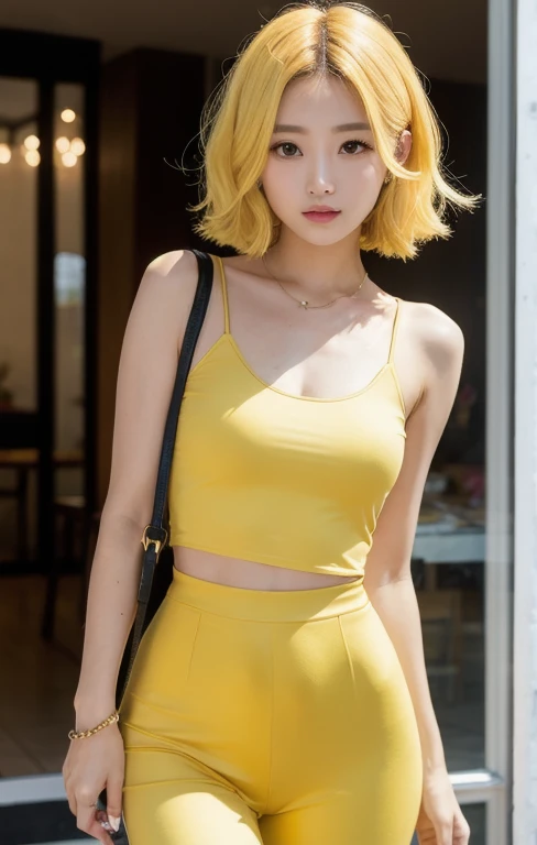 banana girl, yellow hair, yellow outfit, green top hair, best quality